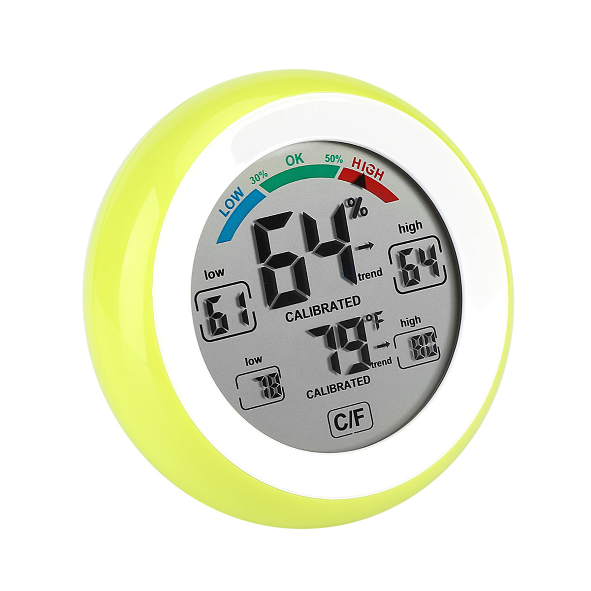 Ein runder Digitalthermometer mit gelbem Rahmen. Das Display zeigt Zahlen und Text, auf weißem Hintergrund.