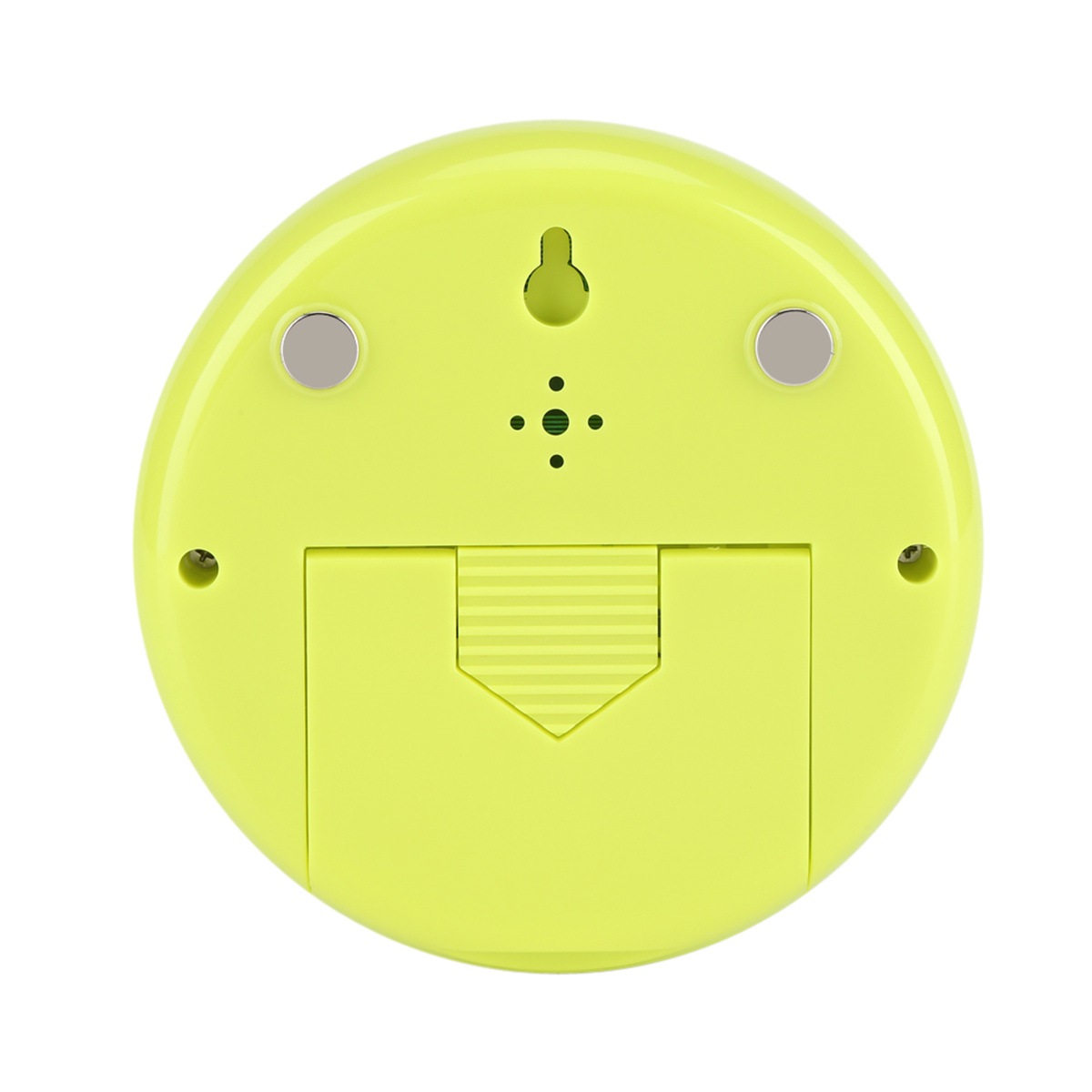 Ein gelbes, kreisförmiges Gerät mit Aufhängehaken und Batteriefach.