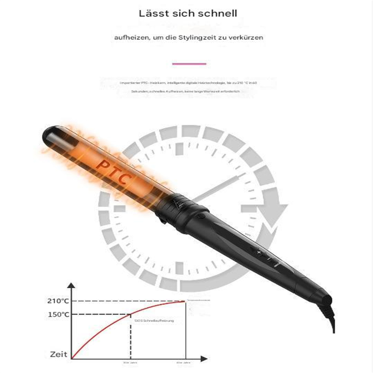Ein schwarzer Lockenstab mit einem Diagramm, das eine schnelle Heizkurve und die Zeit zeigt.
