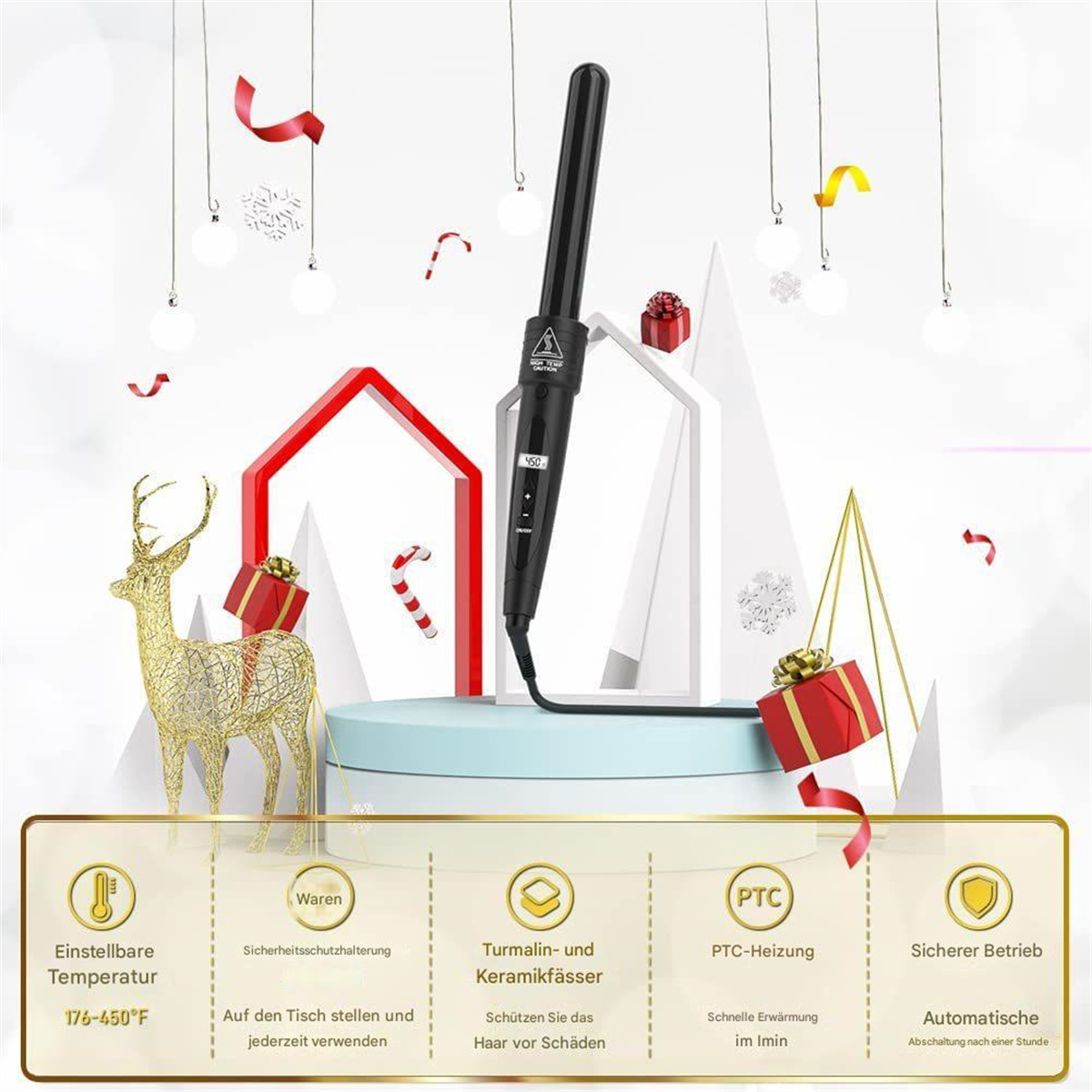 Ein schwarzer Lockenstab mit Weihnachtsdekoration. Informationen zu Temperatur und Sicherheit werden angezeigt.