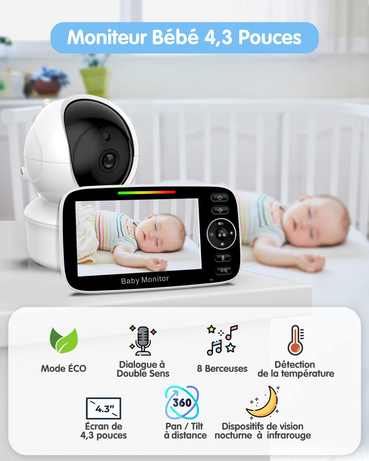 Babyphone mit Kamera und Bildschirm, der ein Baby zeigt. Text und Symbole sind auf dem Bild.
