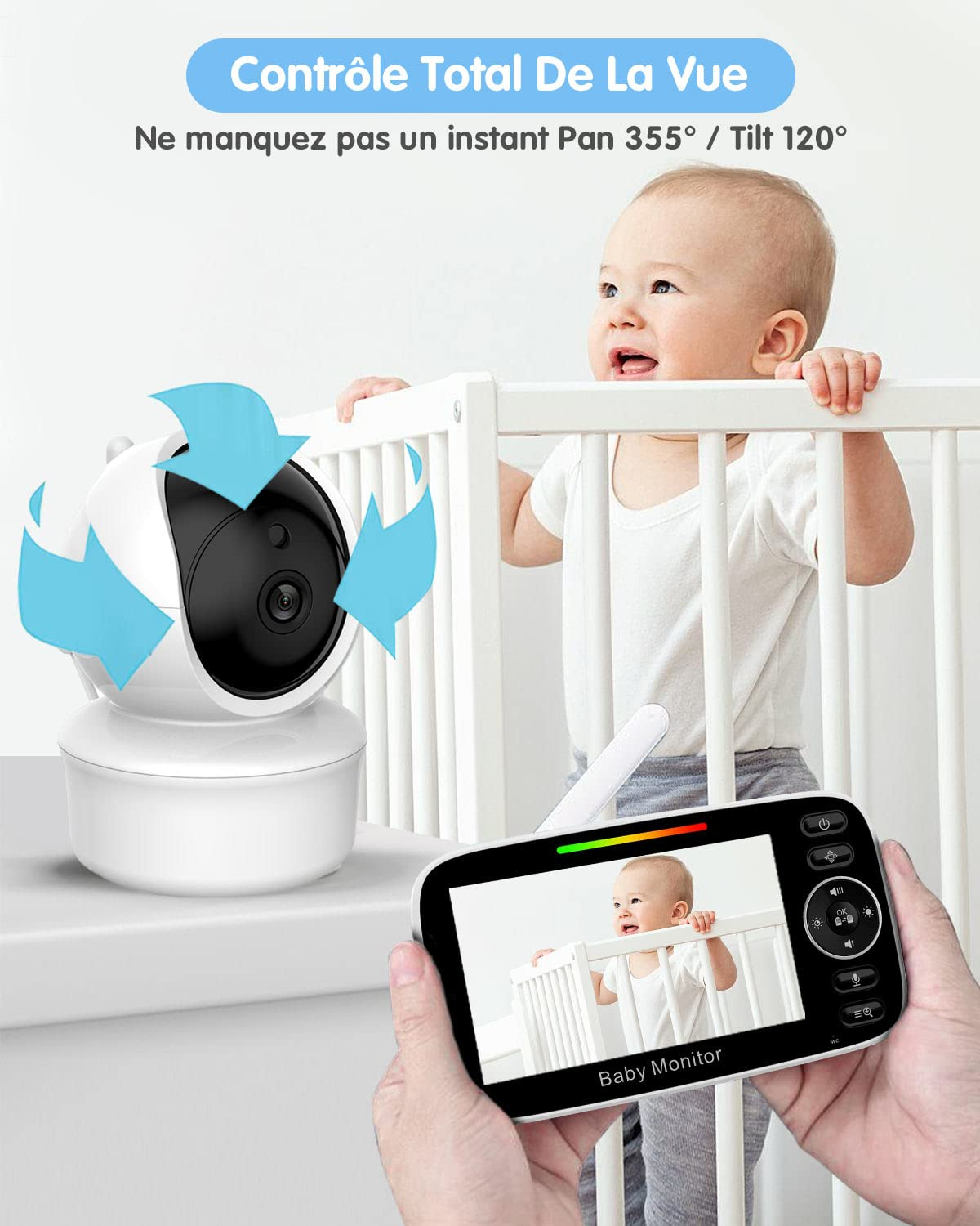 Ein Babyphone mit einem Baby in einem Kinderbett und einem Bildschirm in der Hand.