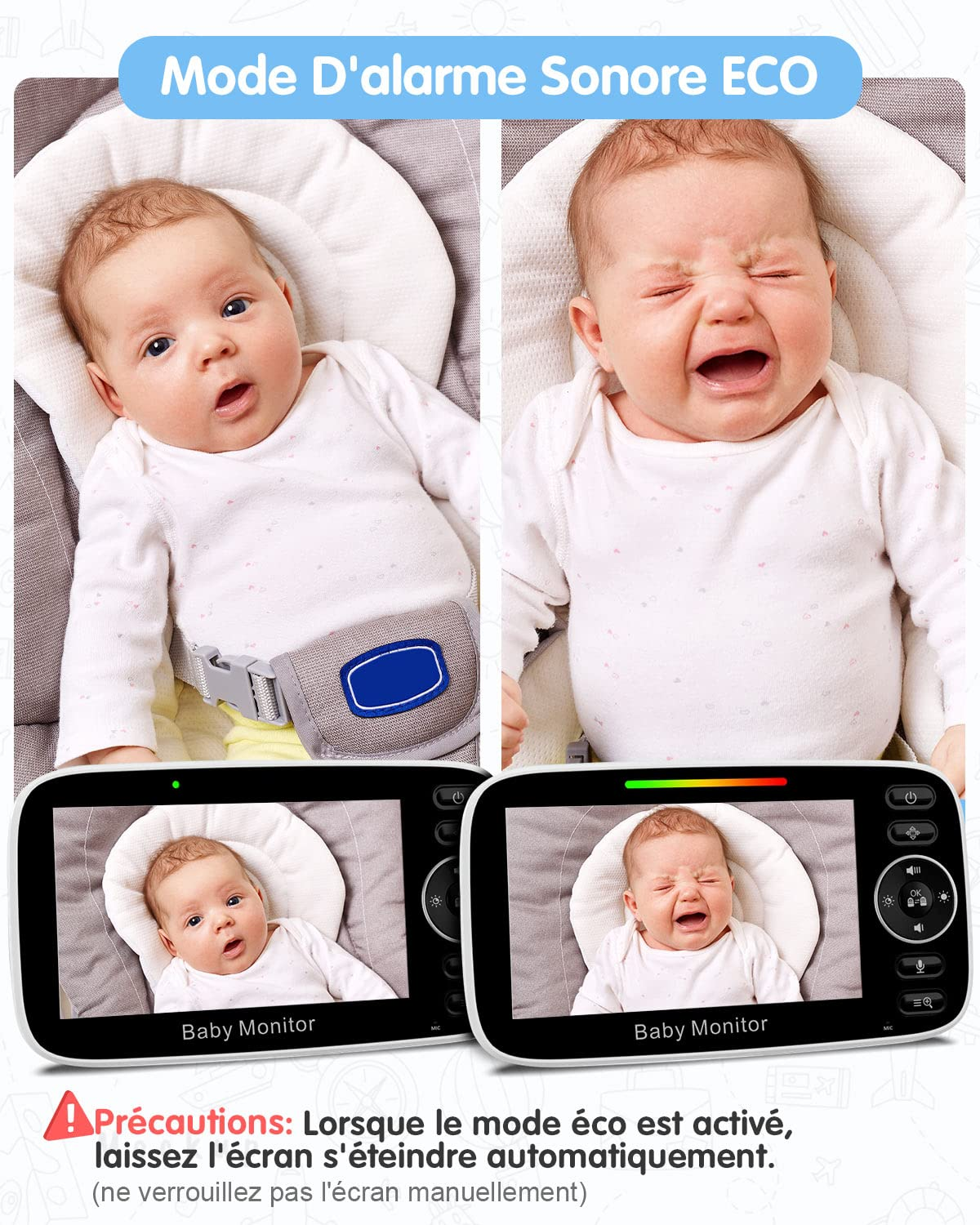 Babyfon-Bildschirme zeigen zwei Babys: eines ruhig, eines weinend.