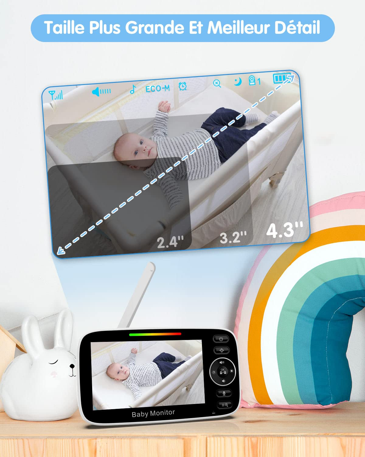Babyphone mit Baby, Messungen auf dem Bildschirm und Regenbogen-Grafik.