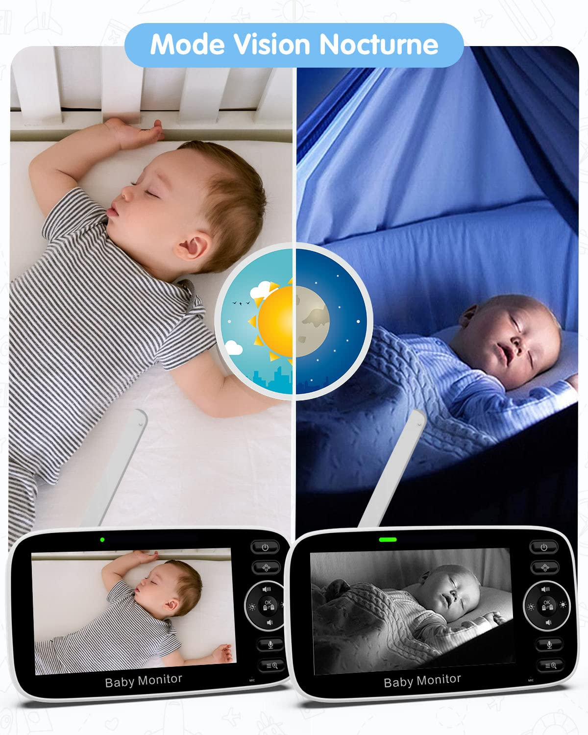 Geteilter Bildschirm mit schlafendem Baby im Krippe tagsüber und nachts, mit Monitoren.