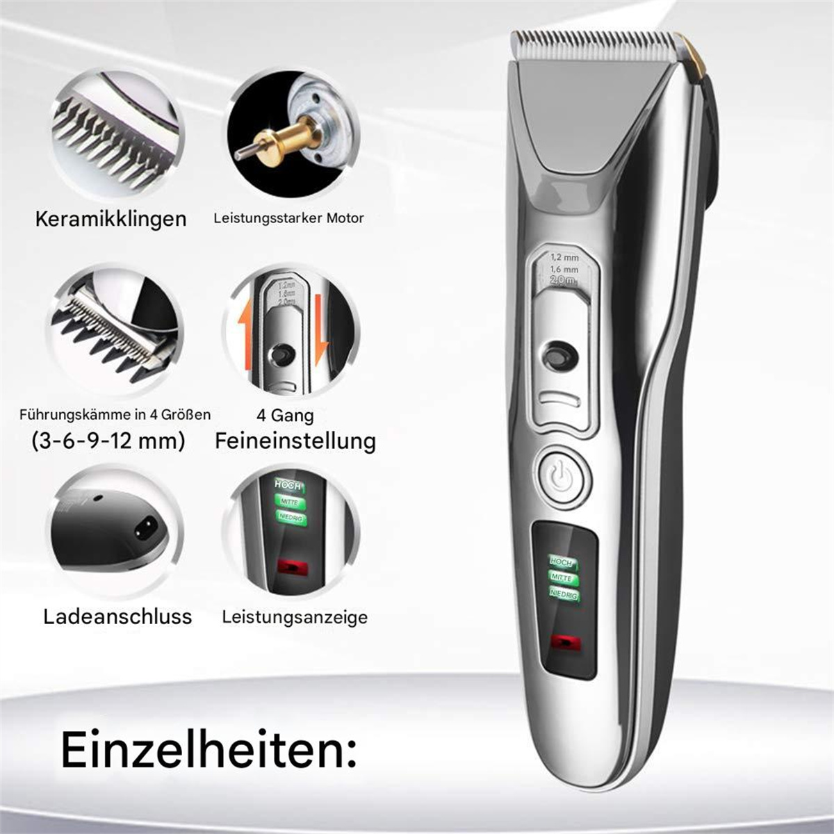 Nahaufnahme eines silbernen Haarschneiders. Details der Klingen und Einstellungen werden gezeigt. Text auf Deutsch.
