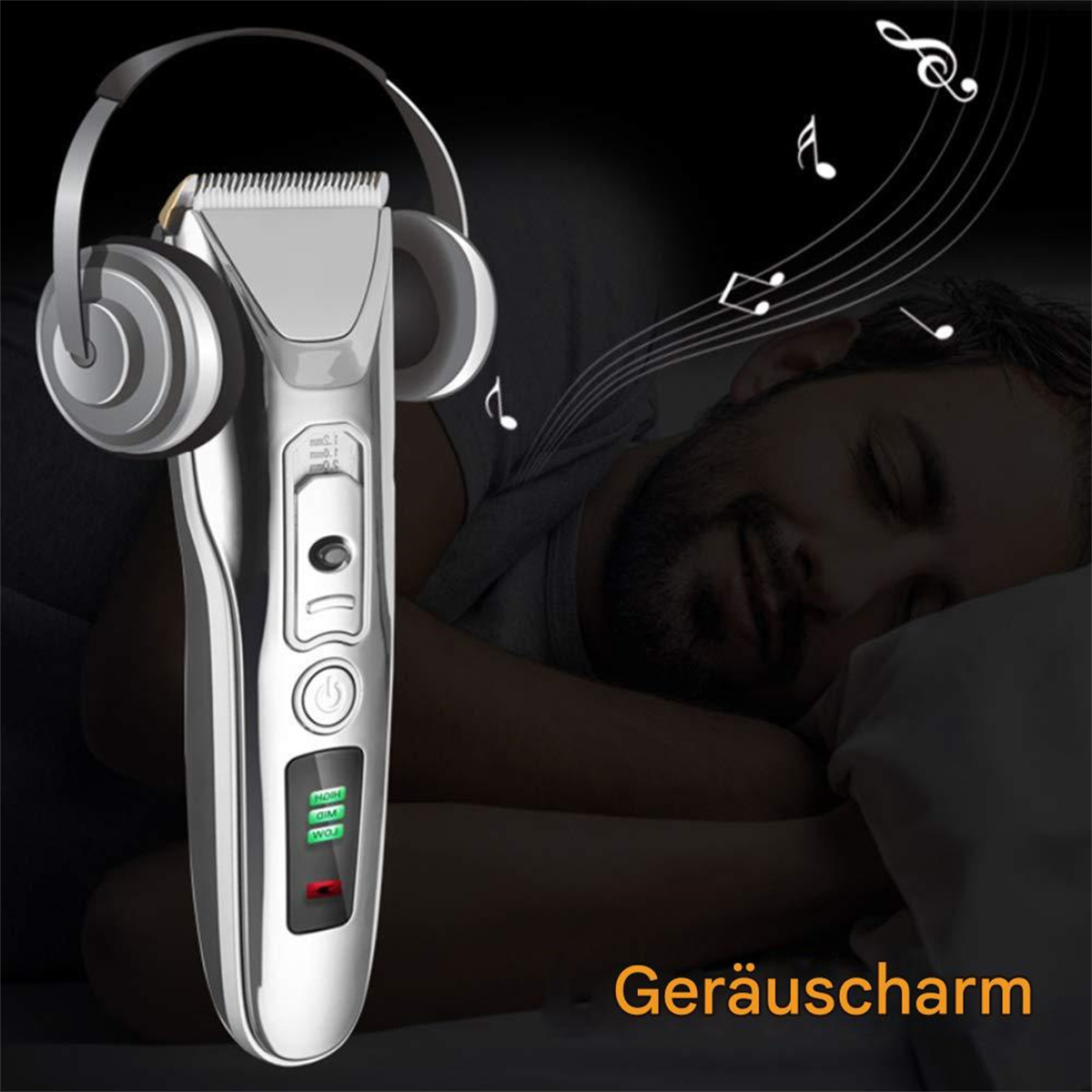 Mann schläft mit silbernem Rasierer mit Kopfhörern. Noten drumherum. Text: 'Geräuscharm'.
