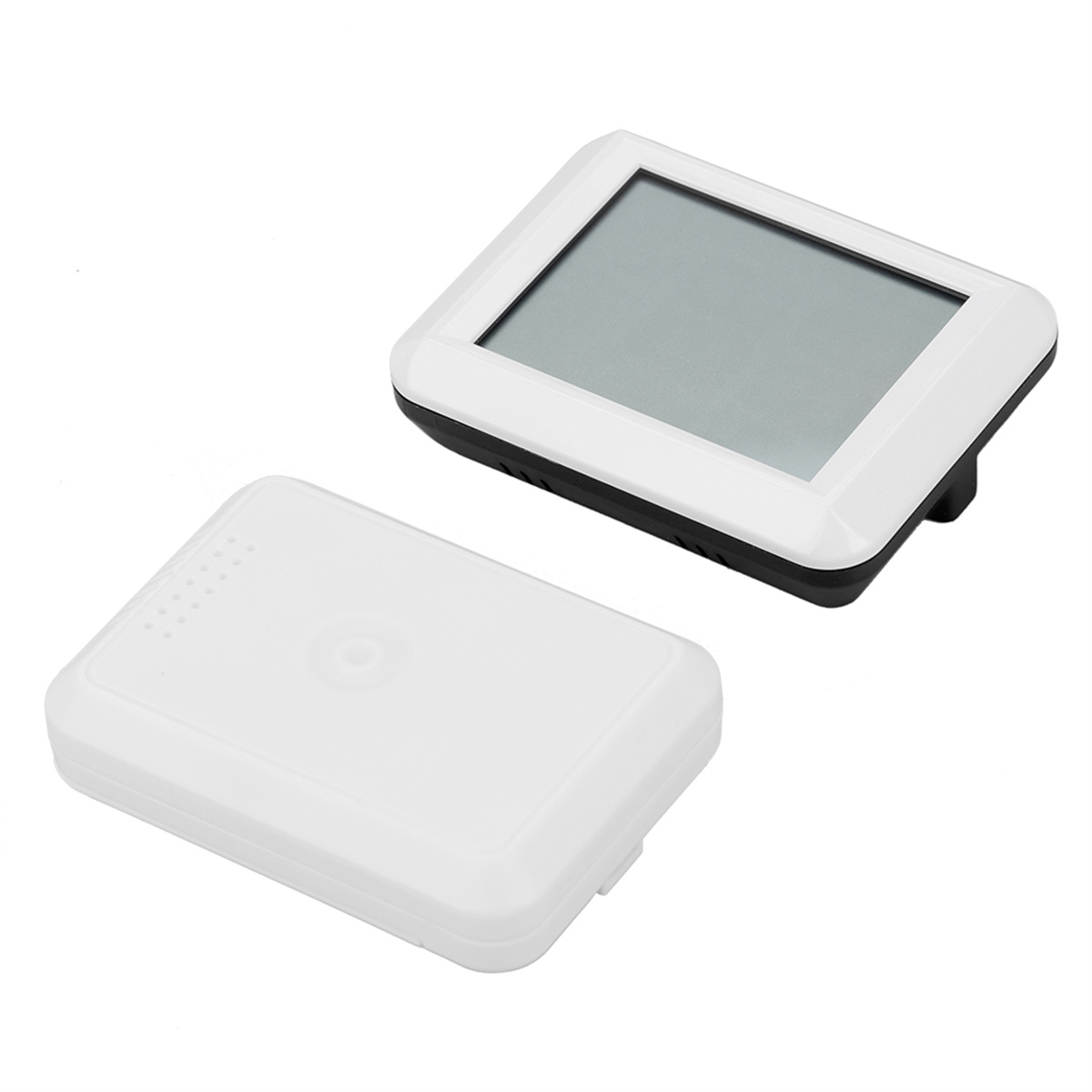 Weißes und schwarzes digitales Thermometer und ein weißes Gehäuse. Das Thermometer hat einen Bildschirm.