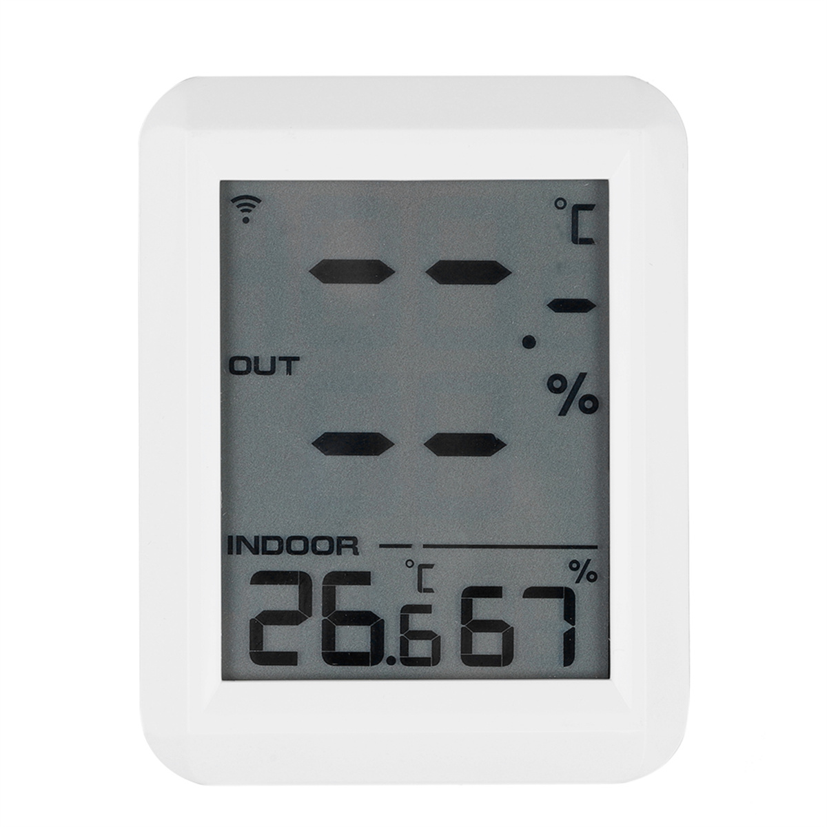 Weißes digitales Thermometer. Zeigt Temperatur und Luftfeuchtigkeit an. Weißer Hintergrund, klares Design.