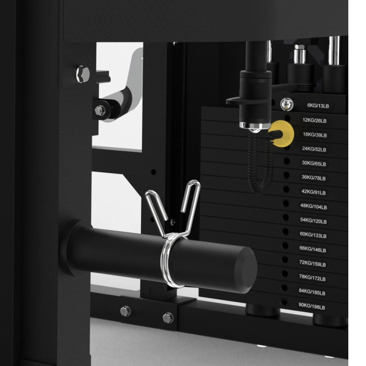 Gewichtsmachine met gewichten in KG en LB. Metalen stang met pin.