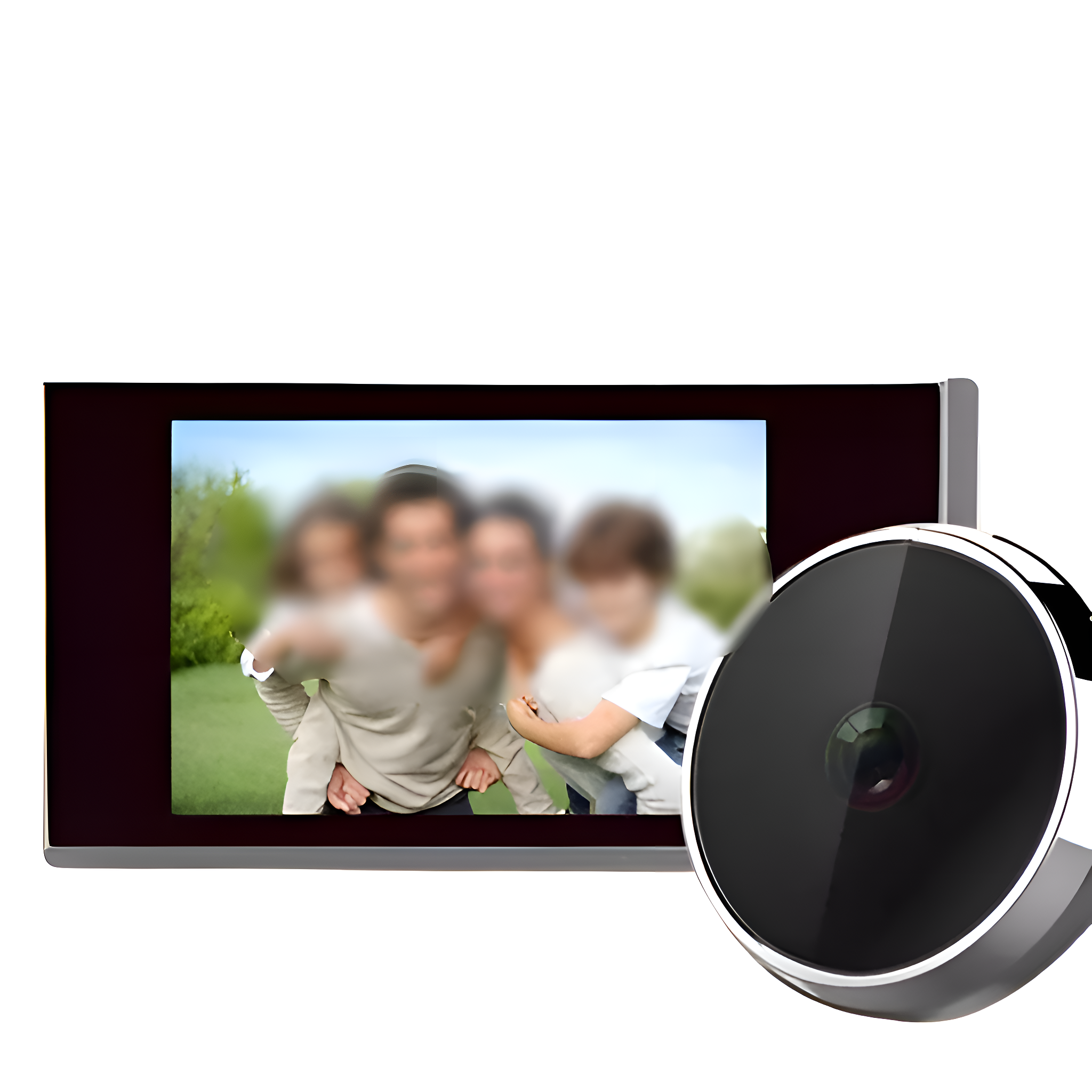Digitaler Bilderrahmen mit Familienfoto und Kamera.