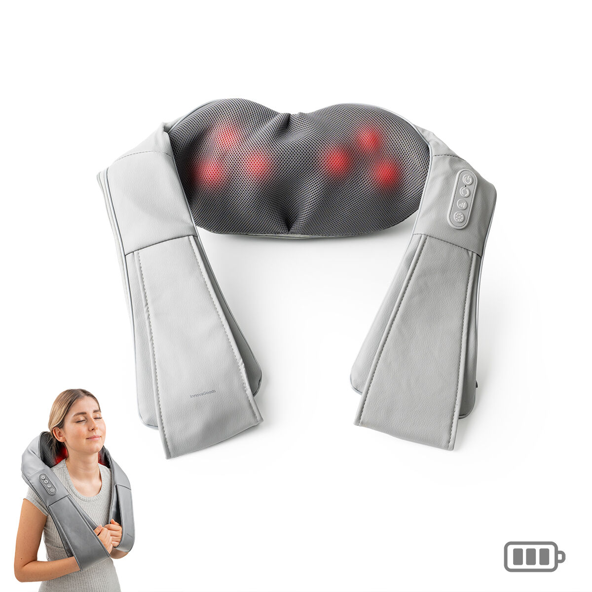 Masajeador de cuello gris con luces rojas, mujer usándolo, indicador batería.