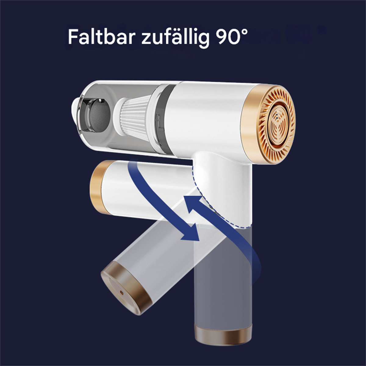 Weißer und goldener Staubsauger, um 90 Grad gefaltet, mit Pfeilen, die seine Bewegung zeigen.