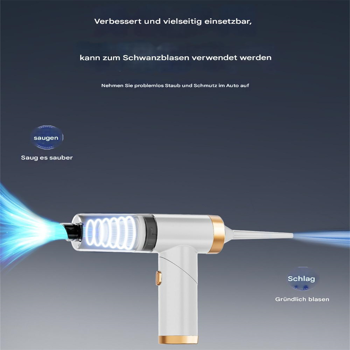 Ein Handstaubsauger mit Text-Overlay. Das Gerät ist weiß und goldfarben.