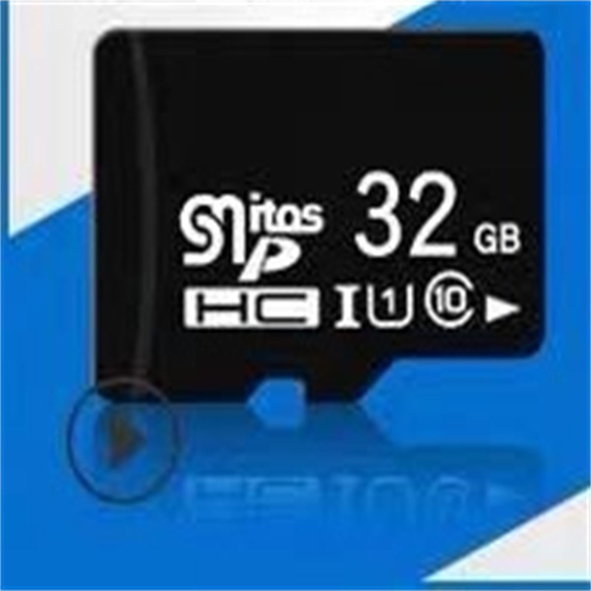 Schwarze 32GB SD-Karte mit Markenlogo auf blauem Hintergrund.