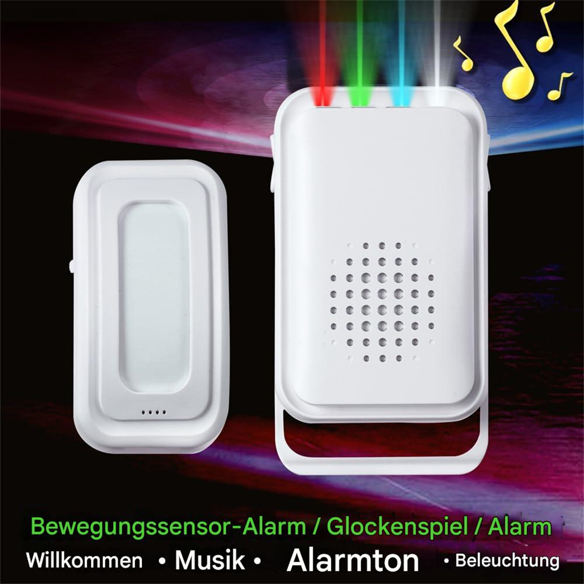 Weißer Alarm mit Bewegungssensor und Lichtern, Text darunter.