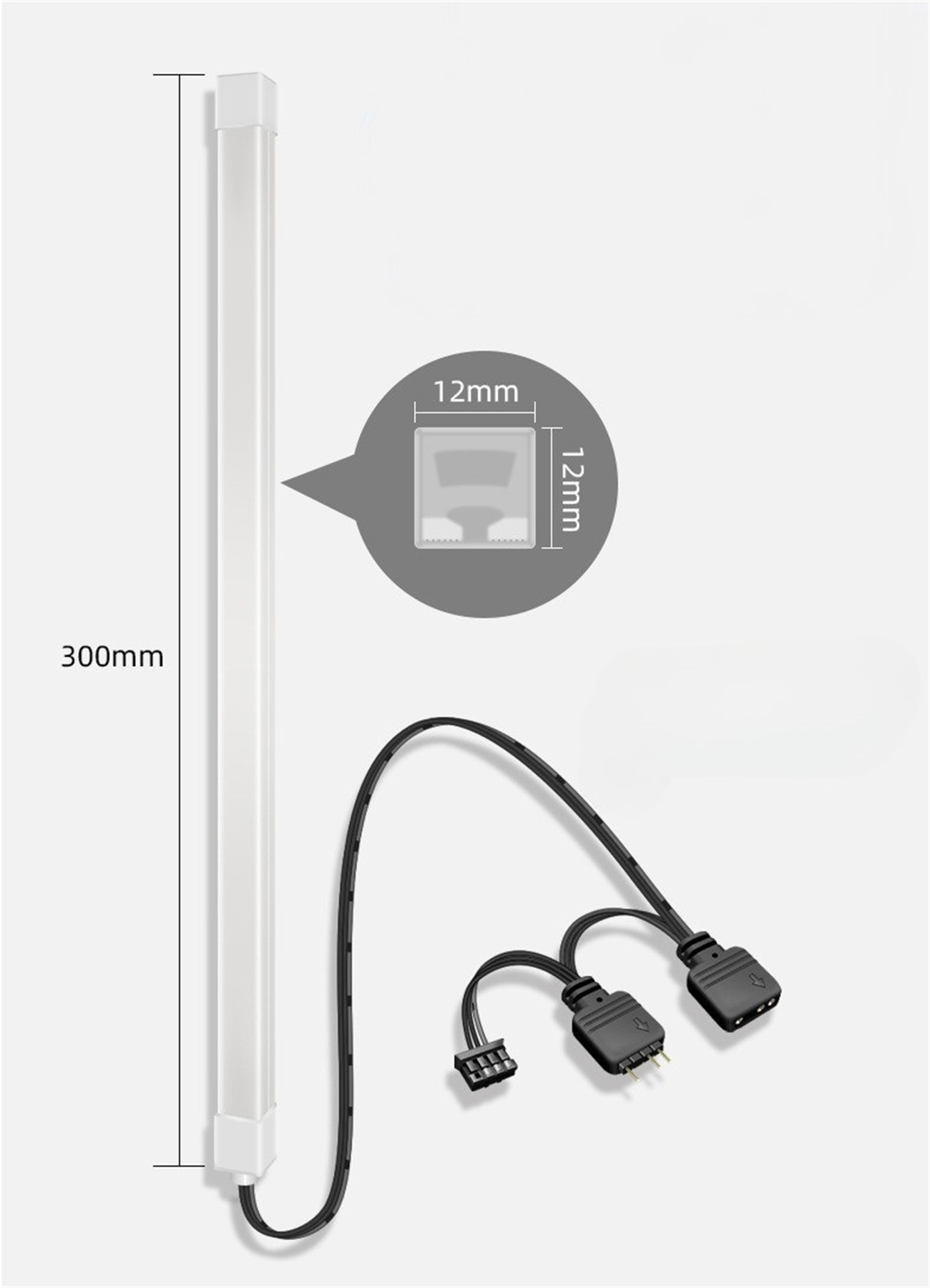 Lange weiße LED-Leuchte mit Maßen. Das Licht hat einen Stecker und ein schwarzes Kabel. Ein Diagramm zeigt Abmessungen.