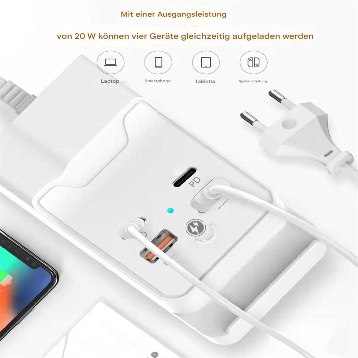 Weißes Multiport-Ladegerät mit Anschlüssen für Laptop, Smartphone, Tablet und Spielgerät. Hat Stecker.