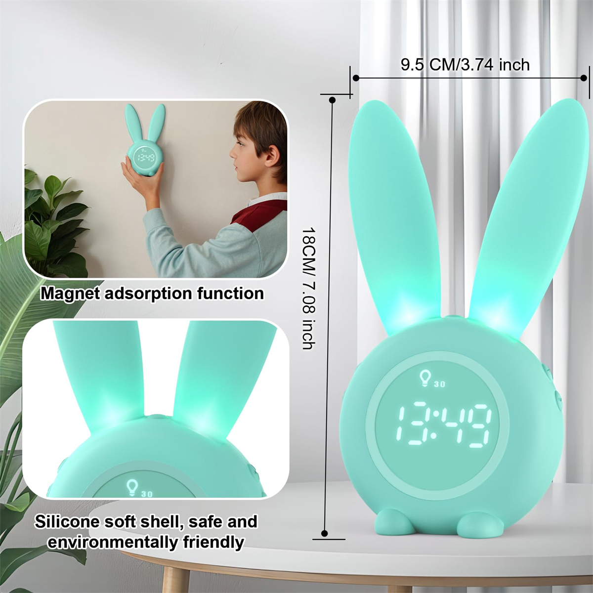 Ein hasenförmiger Wecker mit Zeitanzeige. Enthält Nahaufnahmen der Uhr und eines Jungen.