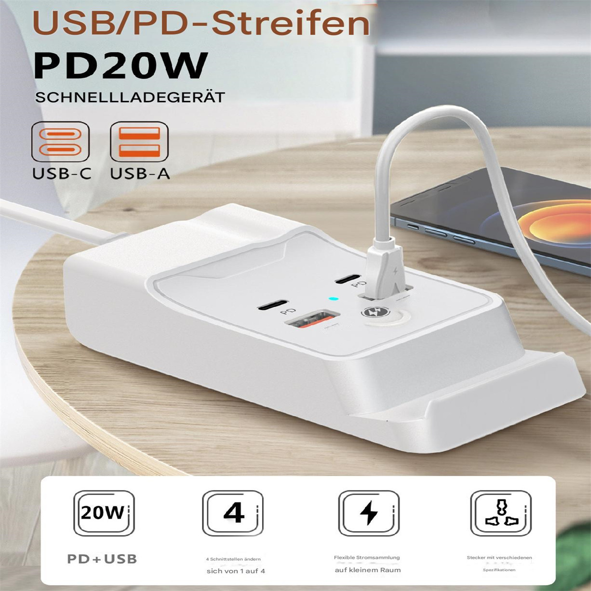 Eine weiße Steckdosenleiste mit USB-C- und USB-A-Anschlüssen und einem weißen Kabel. Auf einem Holztisch.