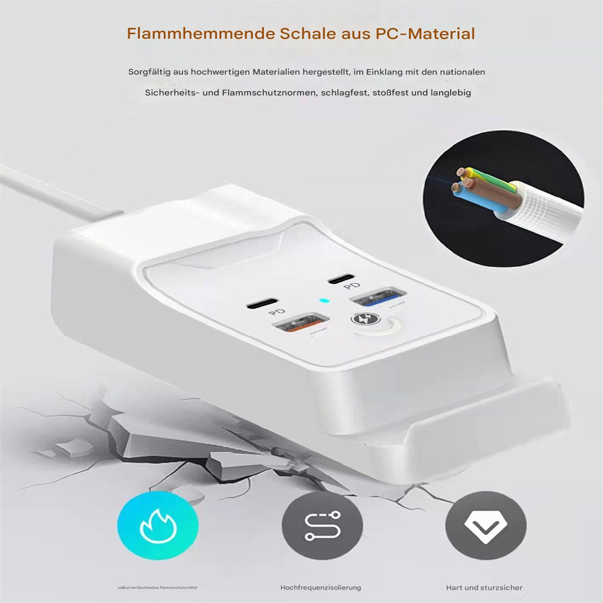 Weißer Netzstecker mit USB-Anschlüssen, der das Innere des Kabels und einige Symbole zeigt.