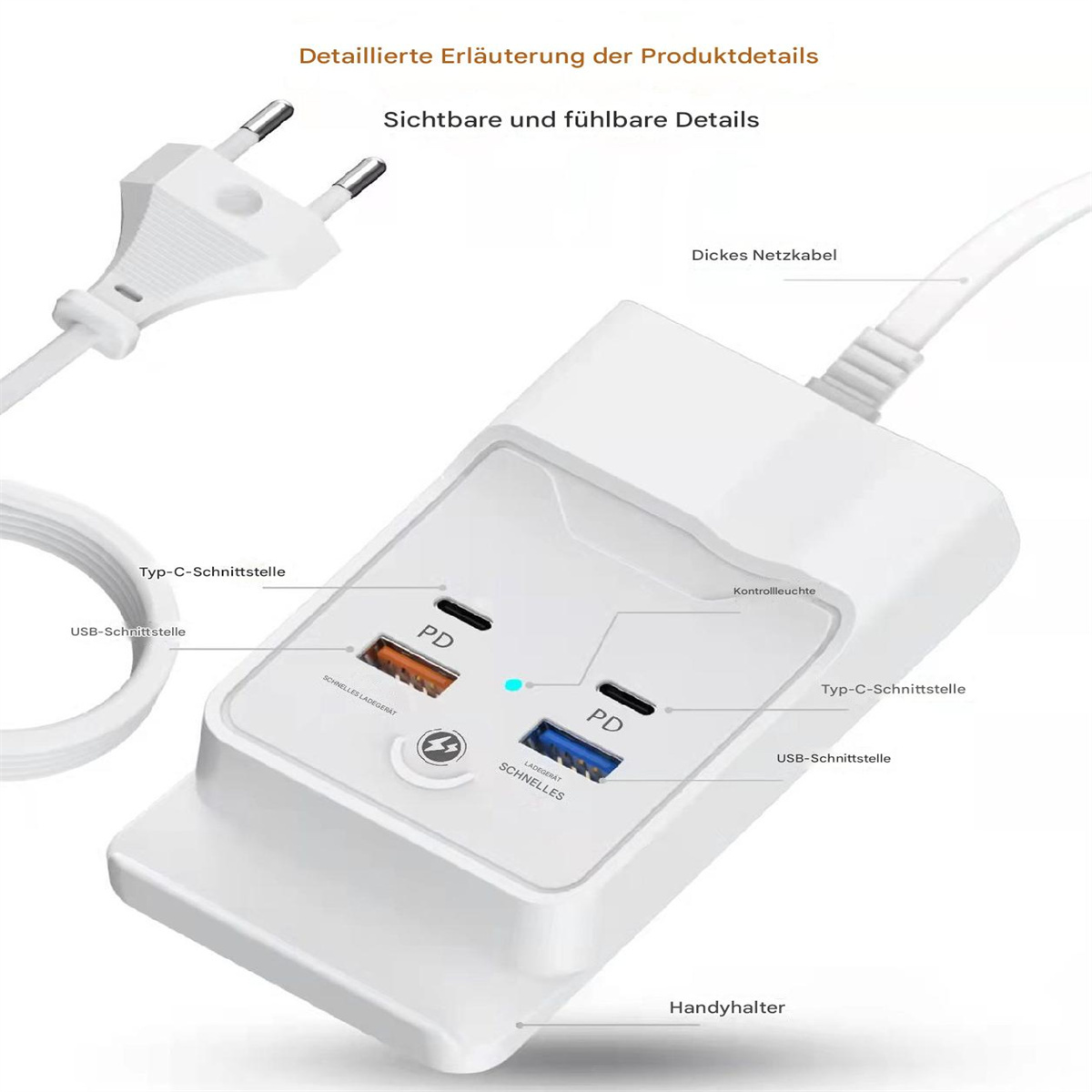 Weiße Ladestation mit mehreren Anschlüssen, USB und Typ-C, und einem Stecker links oben.