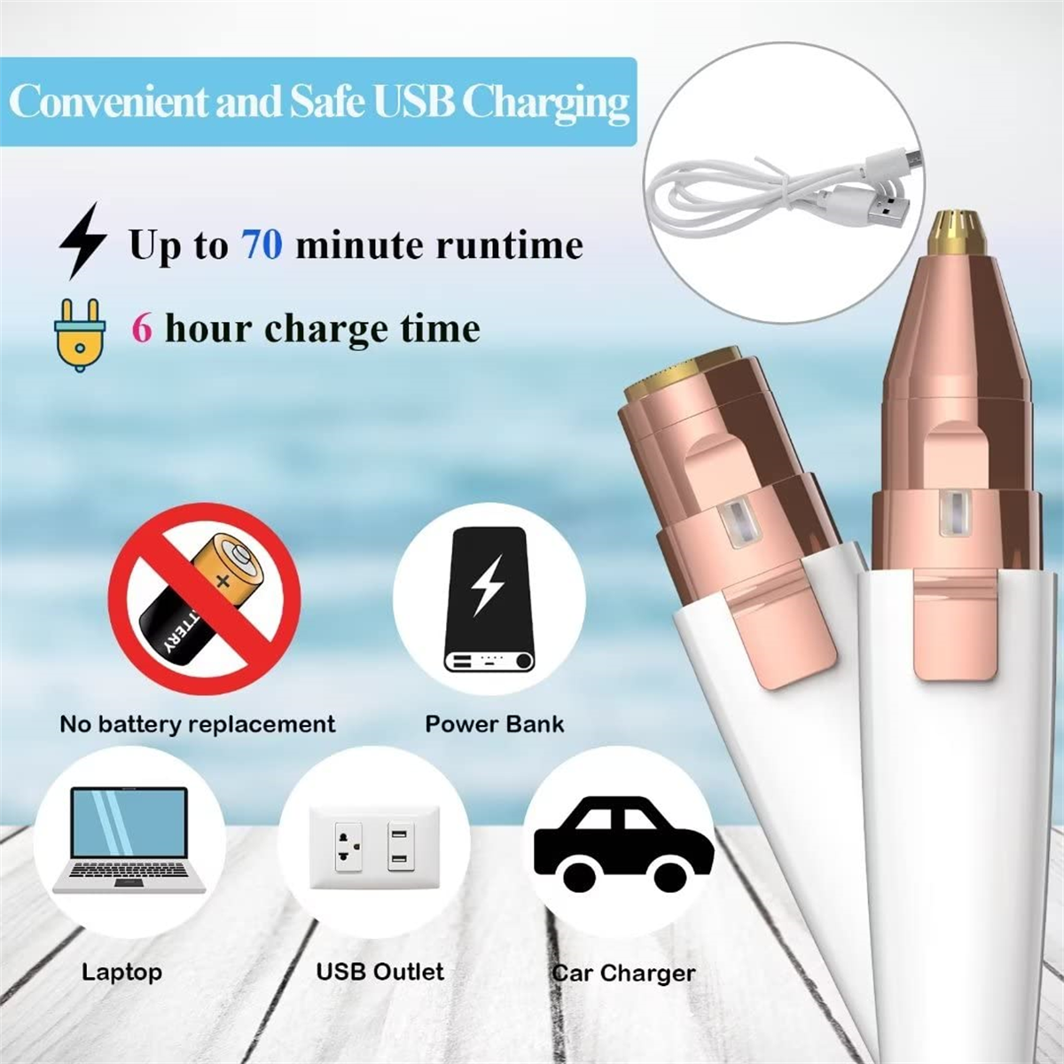 Weiße und goldene Epilierer mit Zubehör wie einem USB-Kabel und Ladeanzeigen.