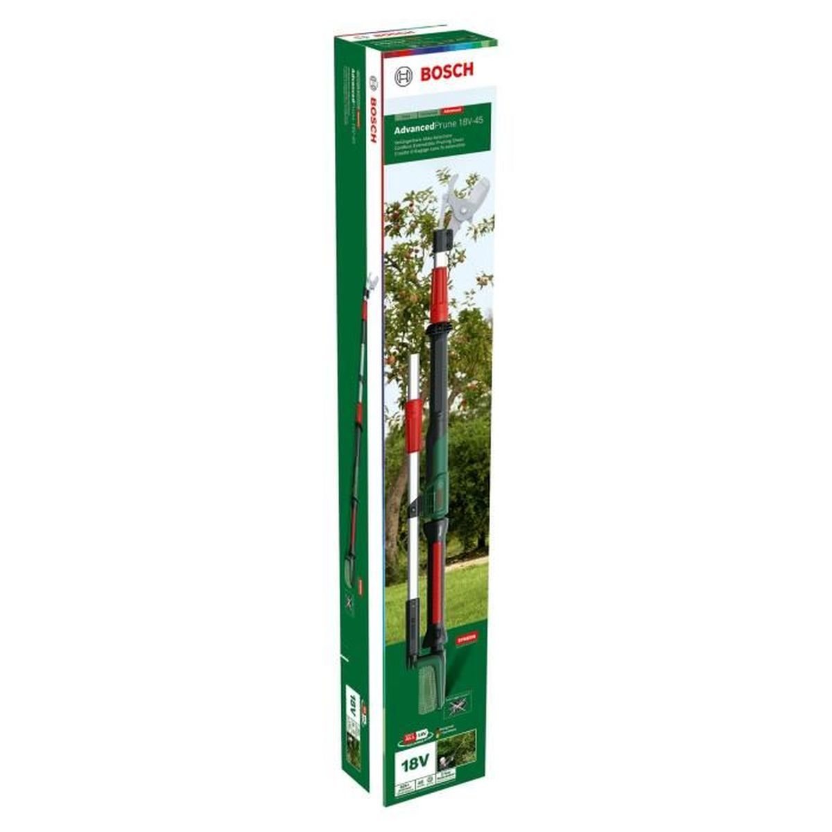 Grüner und roter Bosch-Trimmer in seiner Verpackung, Produkt und Funktionen zeigend.