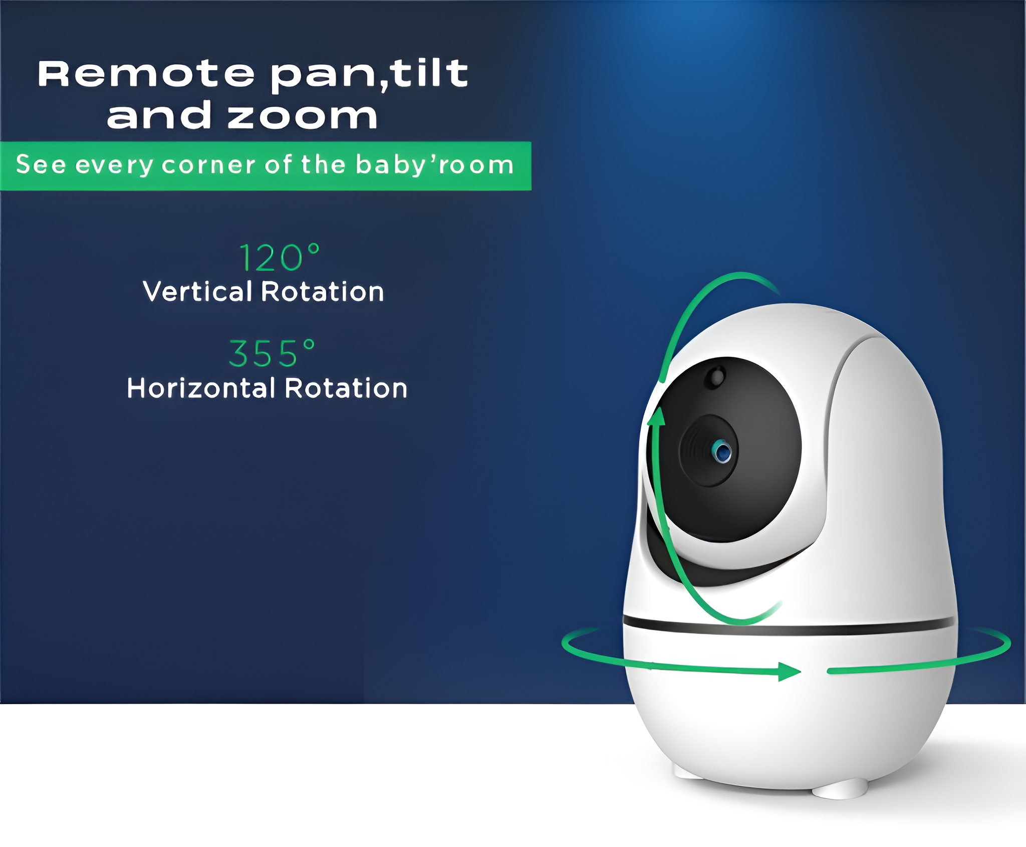 Weißer Baby-Monitor mit dargestellten Drehrichtungen.