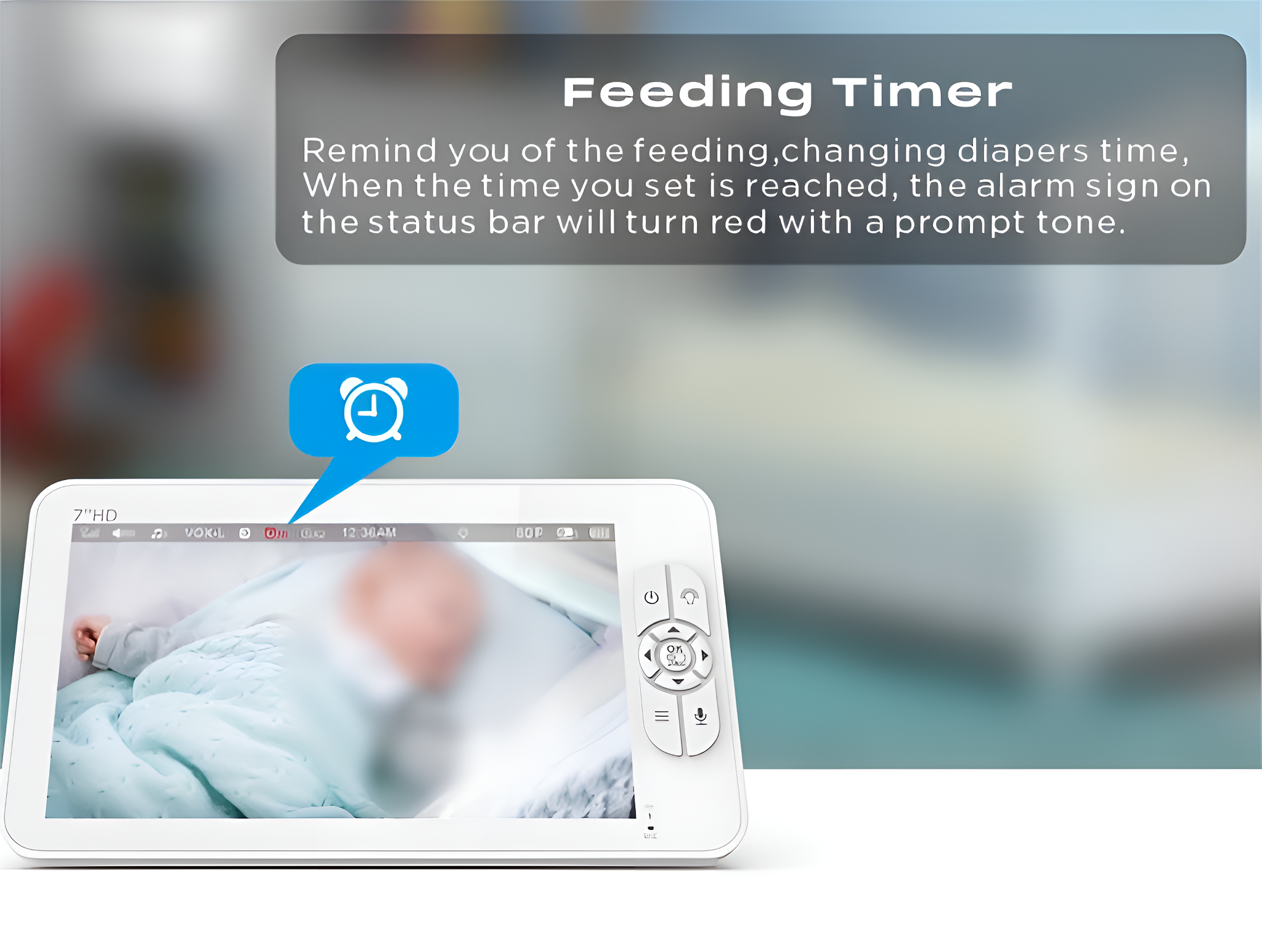 Ein Babyphone-Bildschirm, der ein Baby in einem Kinderbett zeigt, mit einem Uhrsymbol.