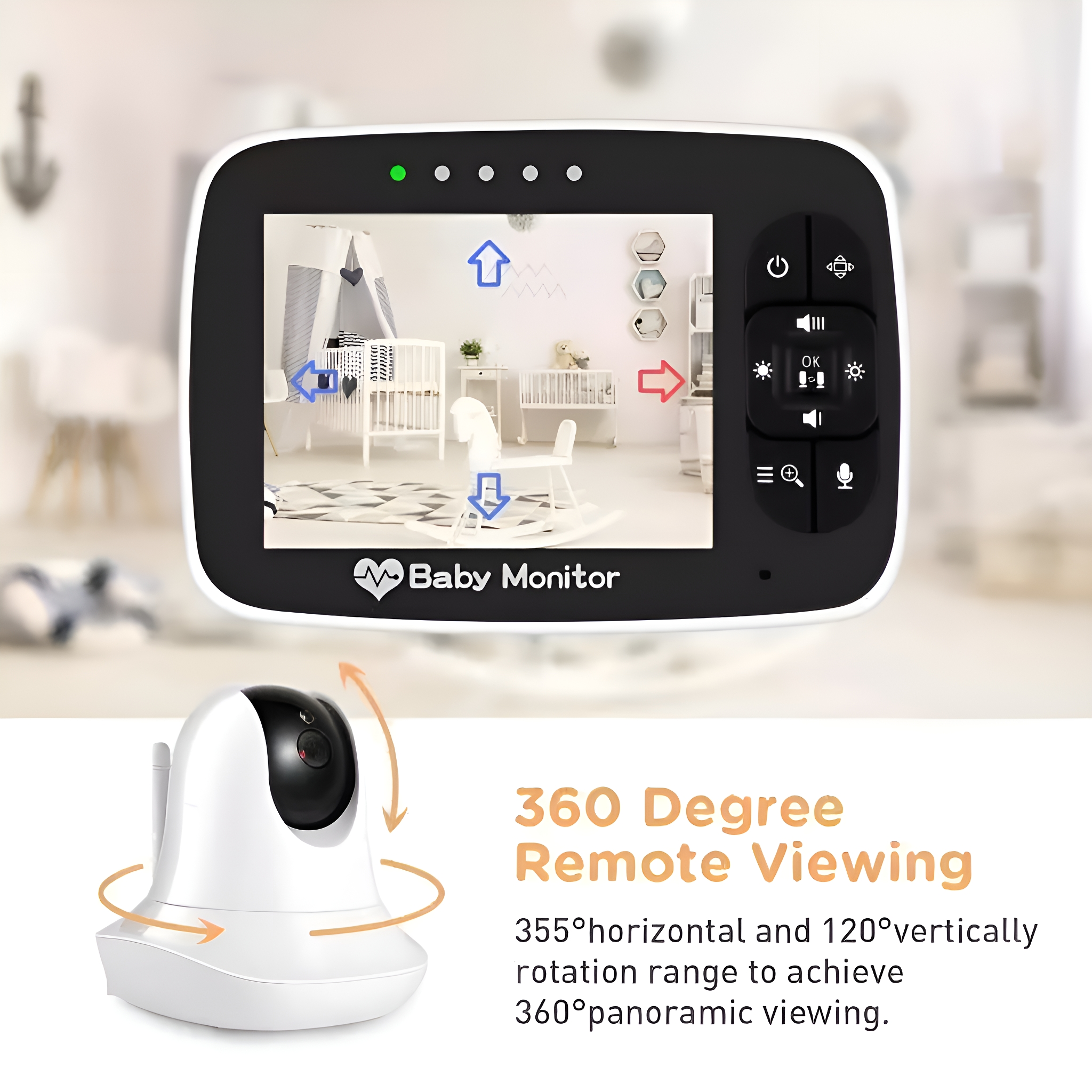 Babyphone, schwarz und weiß, zeigt eine Kinderzimmerszene. Darunter eine Kamera mit 360-Grad-Fernbedienung.