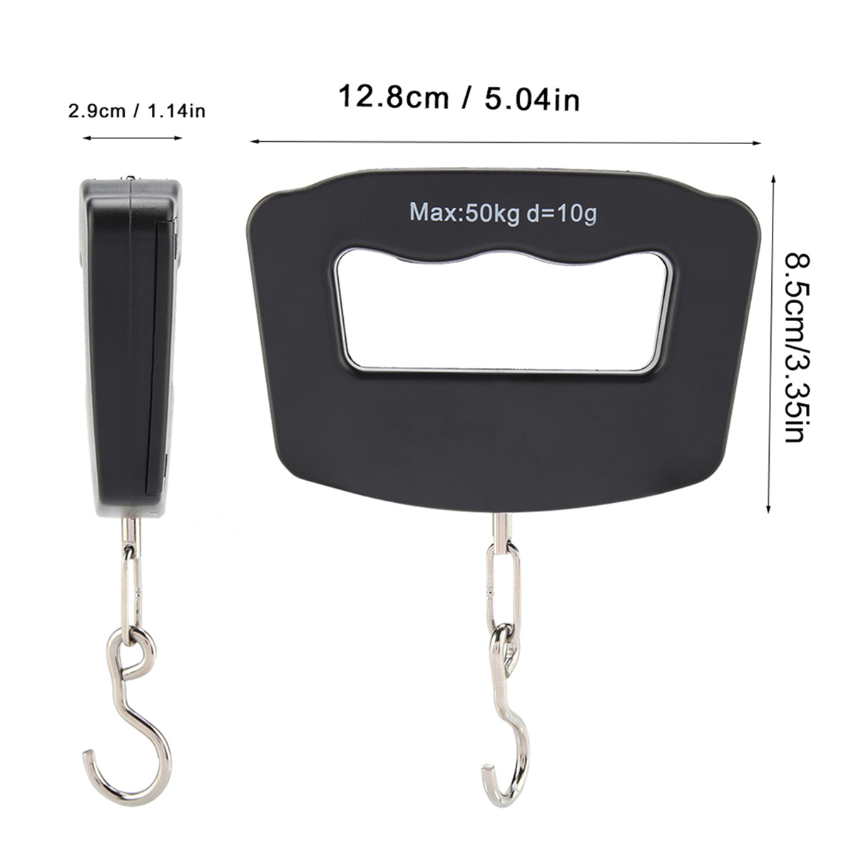 Schwarze Handwaage. Waage zeigt Messungen in cm und Zoll. Waage hat einen Haken am Boden.