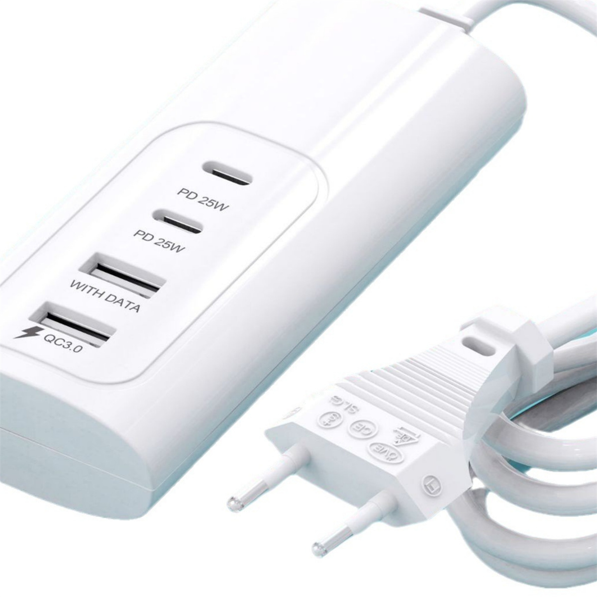 Weiße Steckdosenleiste mit mehreren Ladeanschlüssen. Markiert mit 'PD 25W', 'WITH DATA' und 'QC3.0'.