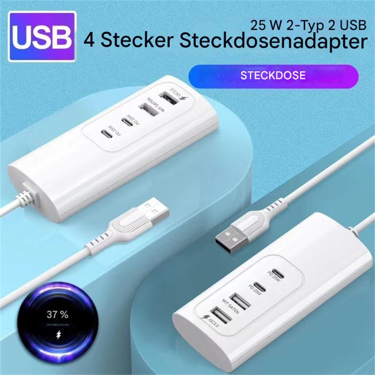 Weißer Netzadapter mit mehreren USB-Anschlüssen und Steckern.