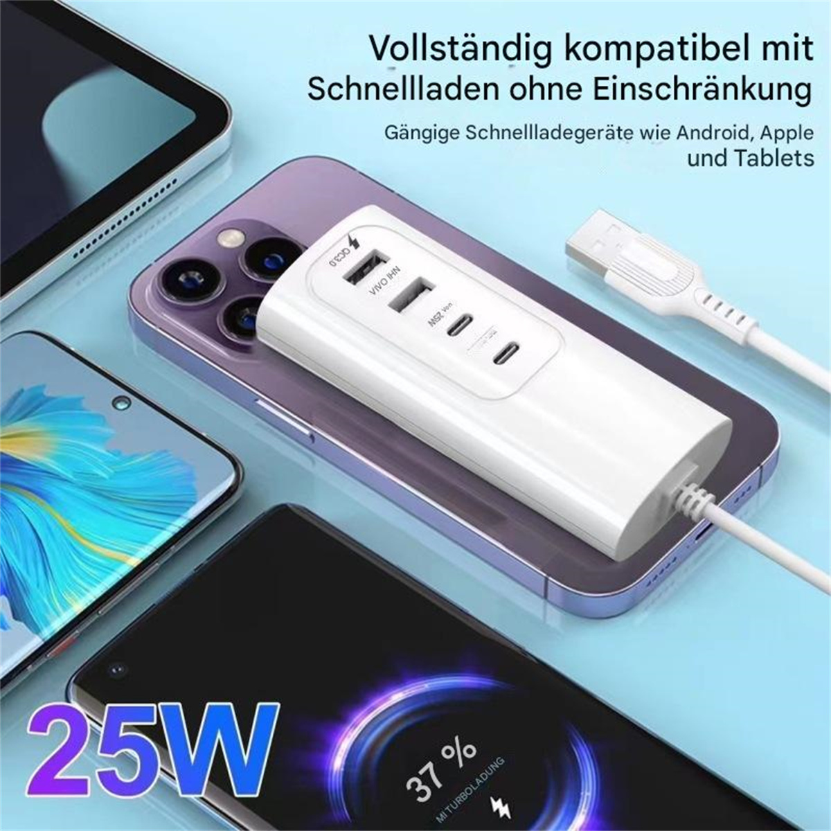 Telefonladestation mit mehreren Anschlüssen und einem Telefon, mit 25W Ladeanzeige.