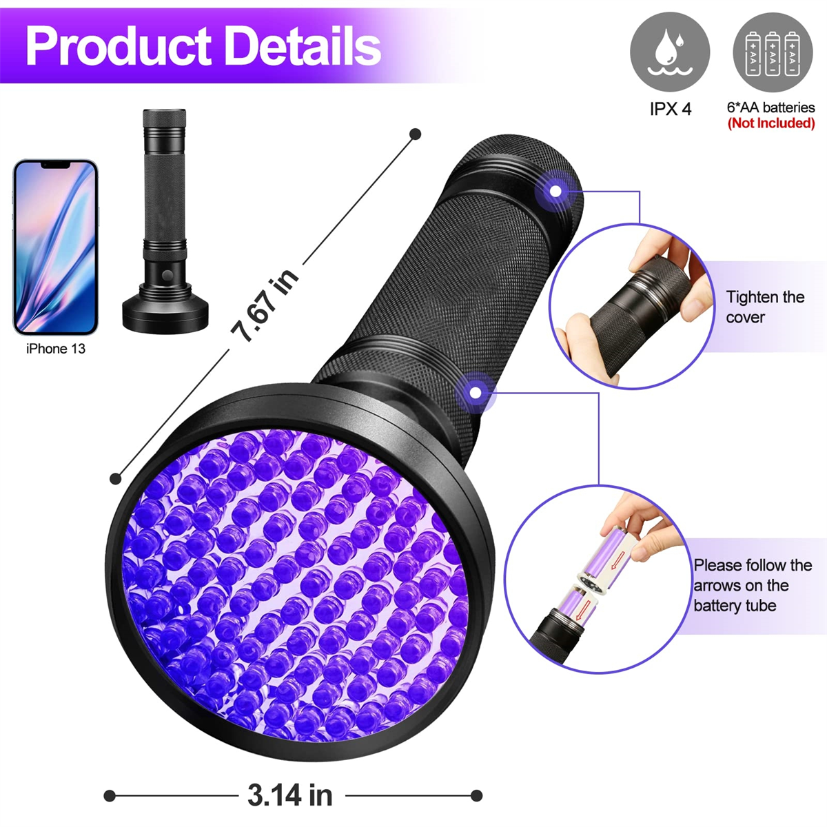 Eine schwarze Taschenlampe wird mit einem iPhone 13 gezeigt. Die Taschenlampe hat Abmessungen und Anweisungen zur Verwendung.