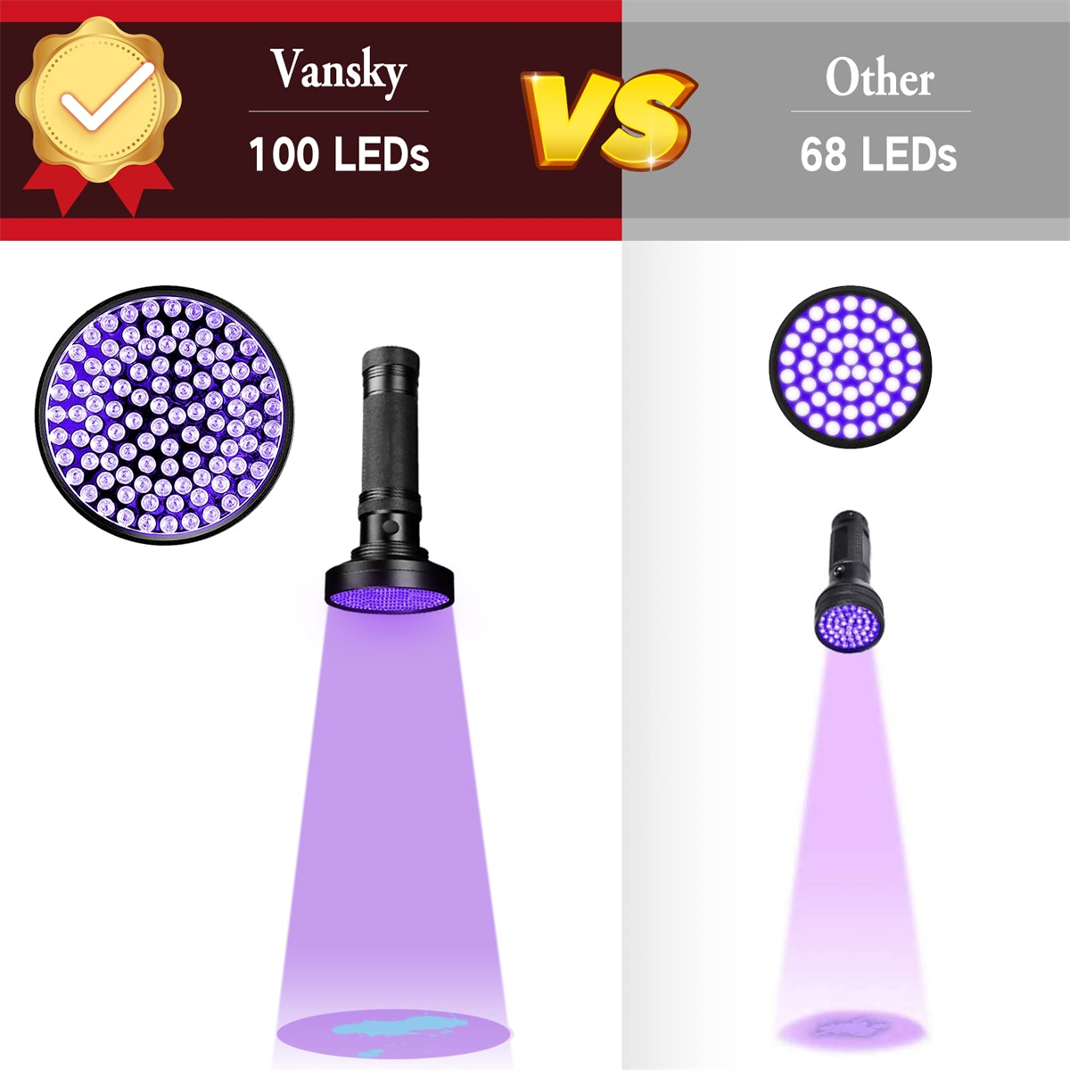 Vergleich von zwei UV-Taschenlampen, die Lichtstrahlen und LED-Anzahlen zeigen.