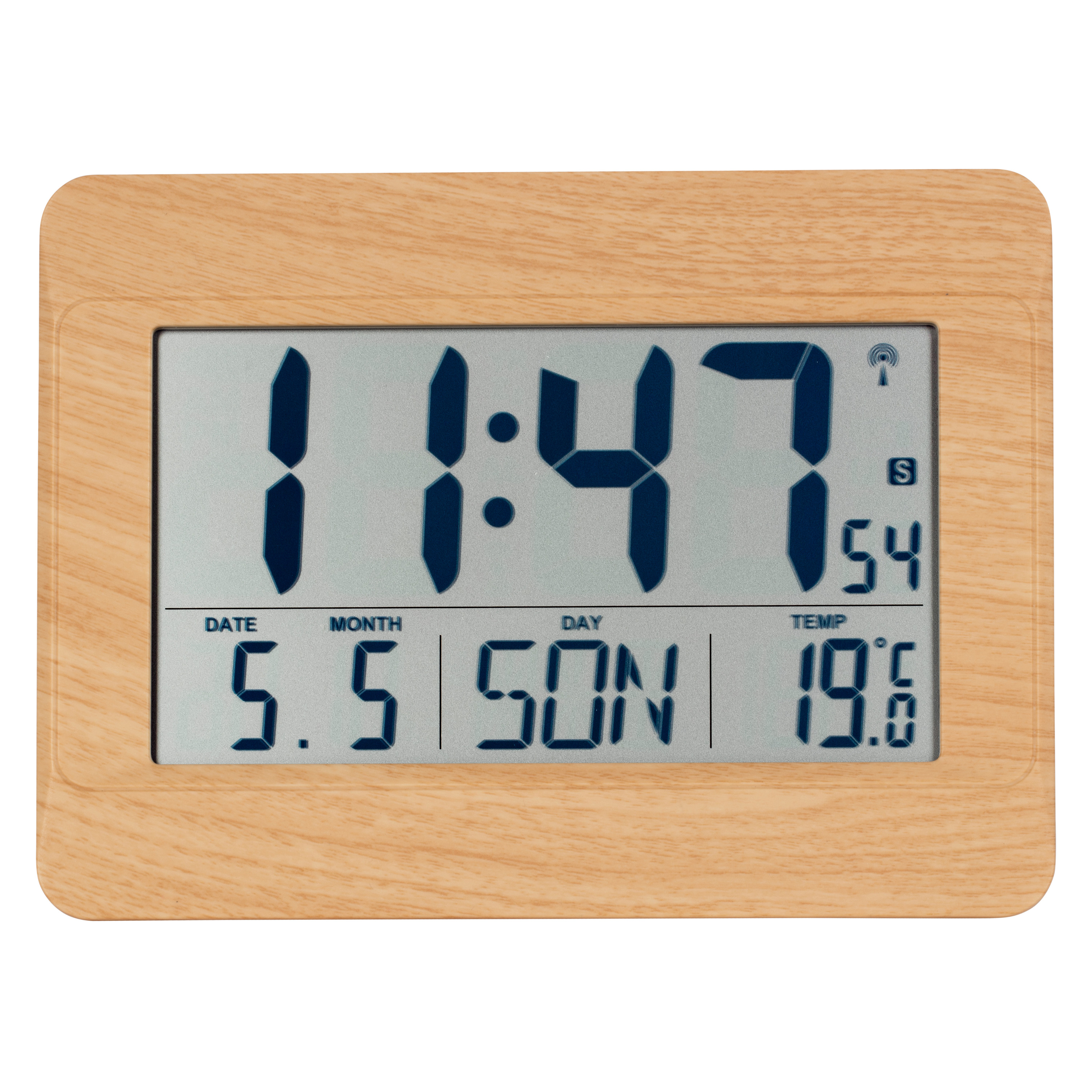 Digitaluhr mit Holzmaserungsrahmen, zeigt Zeit, Datum, Tag und Temperatur an.