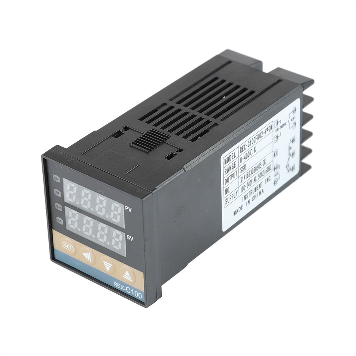 Schwarzer digitaler Temperaturregler mit Anzeige und Knöpfen.