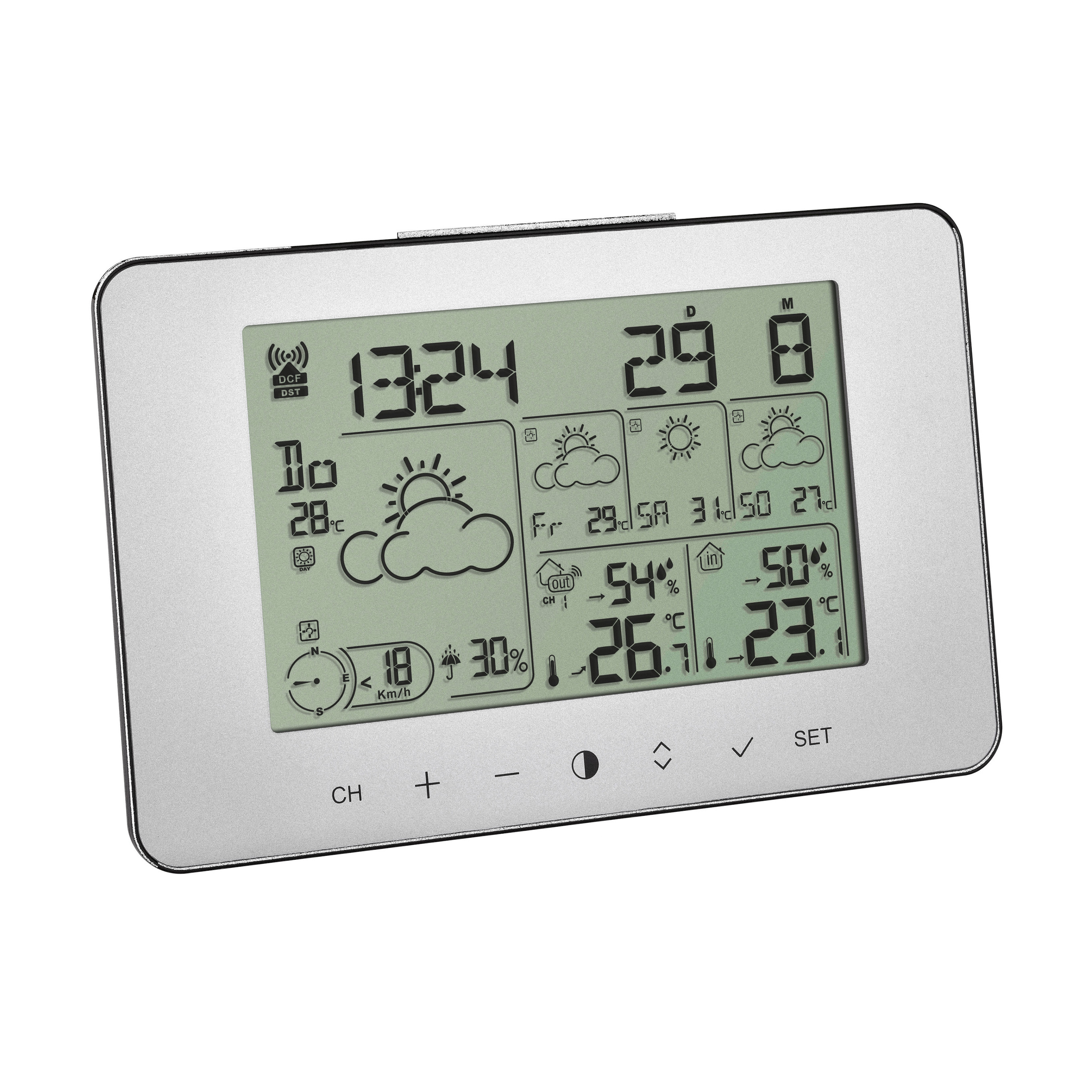 Digitale Wetterstation, die Zeit, Datum und Wettervorhersagen anzeigt. Silberner Rahmen.