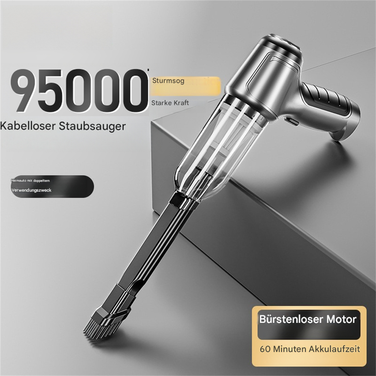 Silberner kabelloser Staubsauger mit Aufsätzen, zeigt Leistung und Funktionen auf grauem Hintergrund.