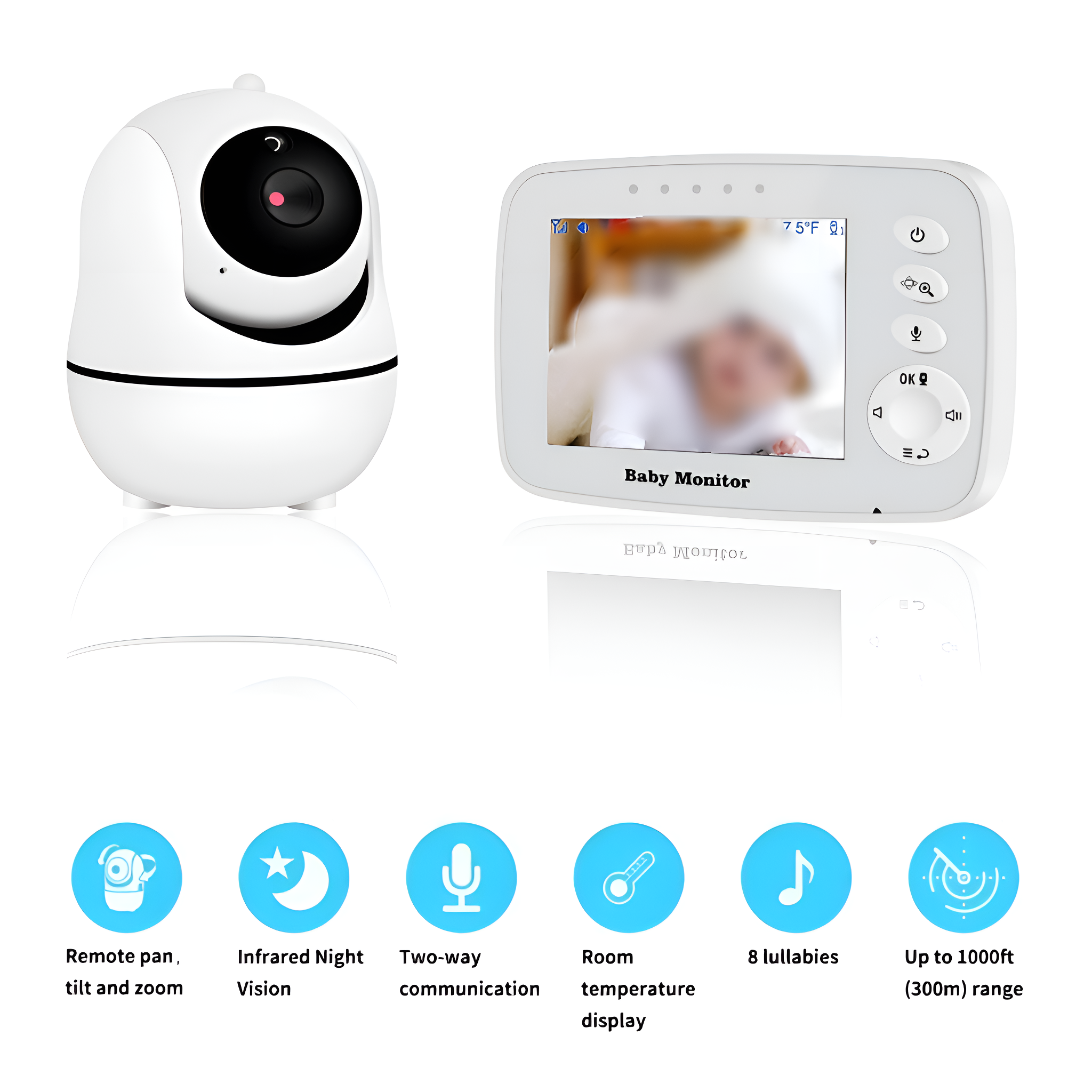 Weißer Baby-Monitor mit Kamera und Bildschirm, Symbole für Funktionen.