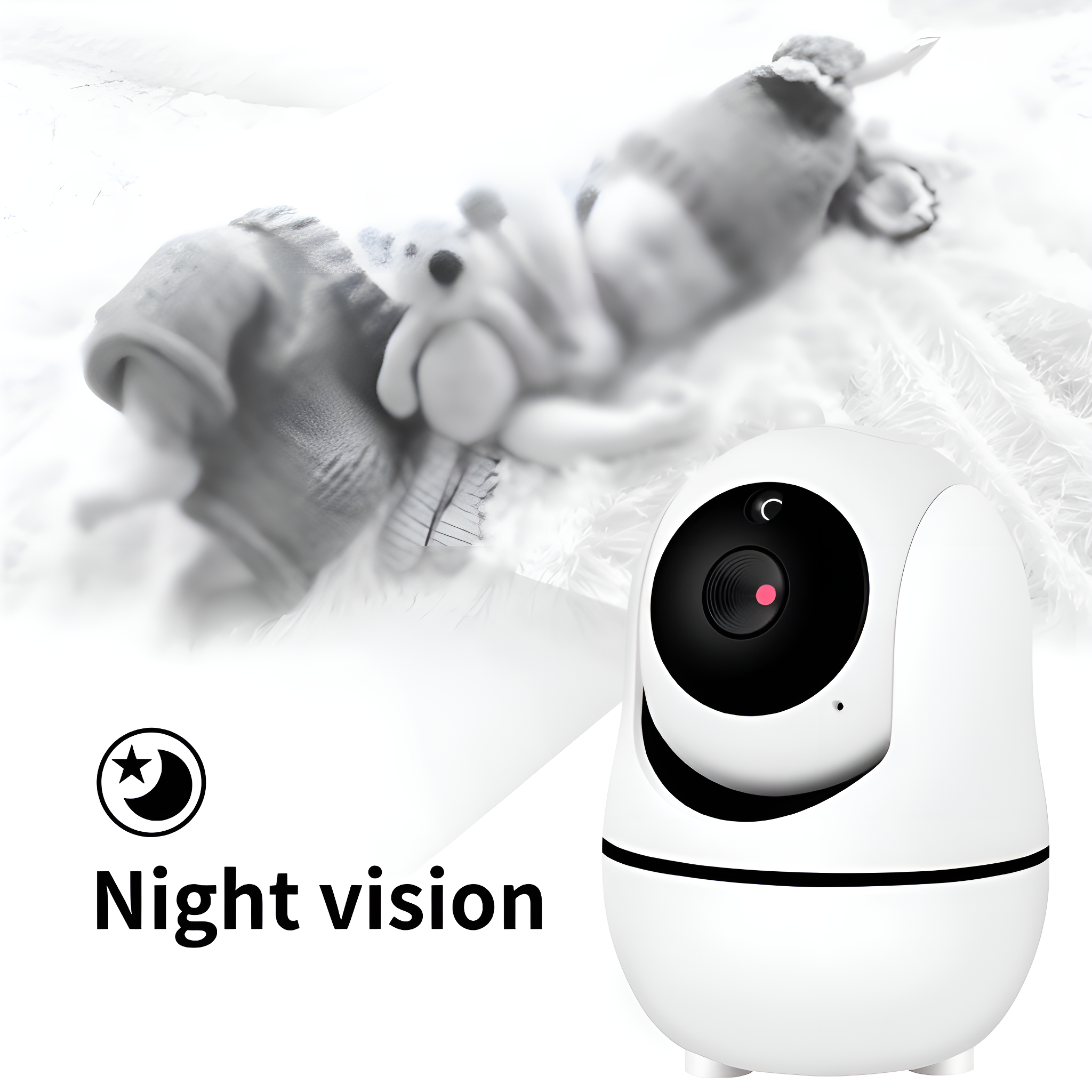 Weiße Nachtsichtkamera mit verschwommenem schlafenden Baby und Teddybär.