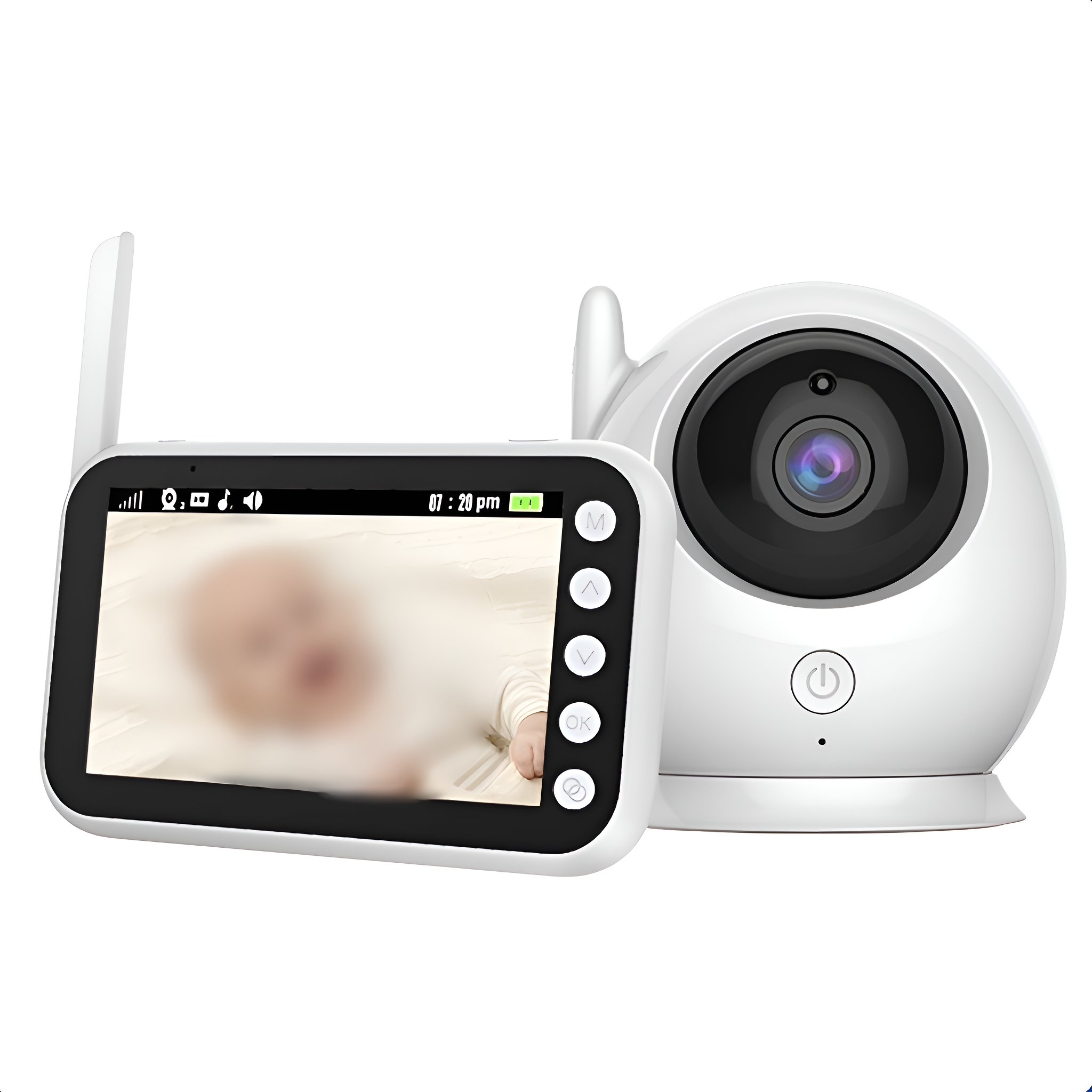 Ein Babyphone mit einem Bildschirm, der ein Baby zeigt, und einer weißen Kameraeinheit mit Objektiv.