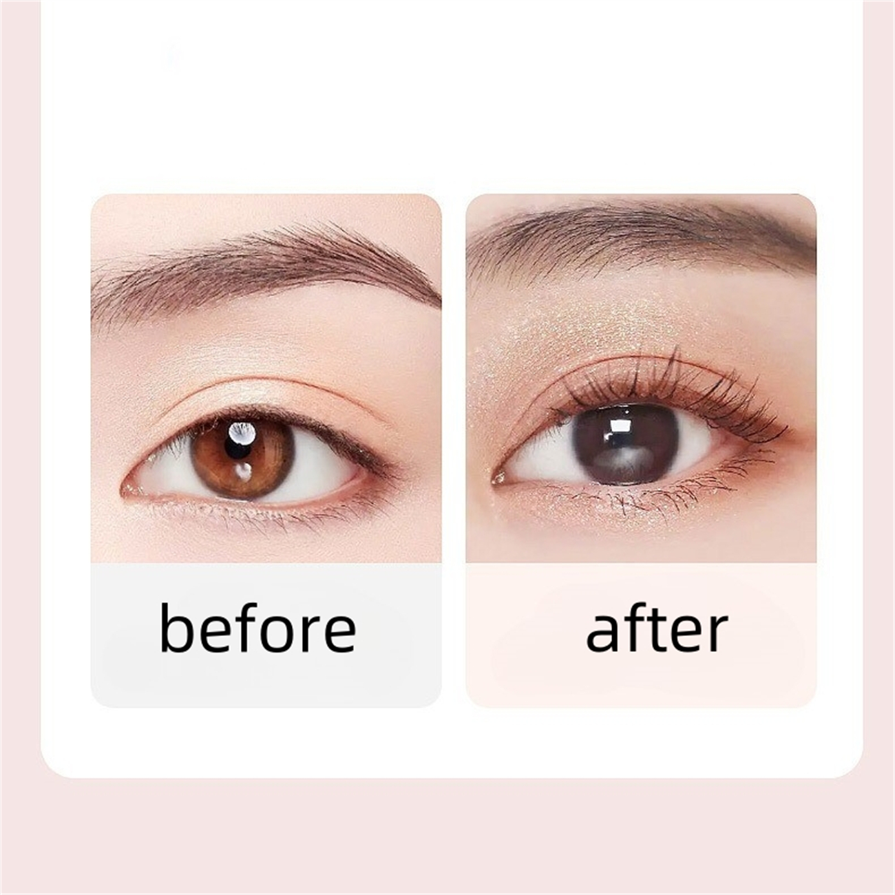 Zwei Nahaufnahmen von Augen. Ein Auge vor dem Make-up und ein Auge nach dem Make-up. Beide in weißen Kästchen.