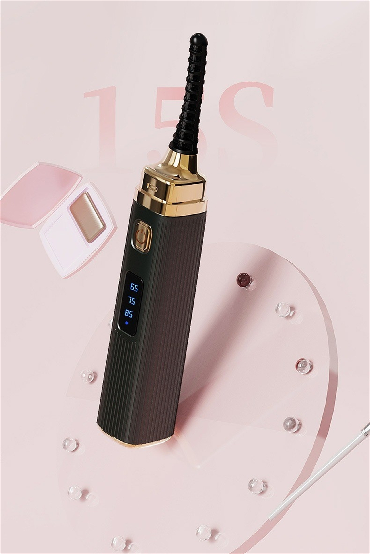 Wimpernzange, rosa Hintergrund. Details: goldene Akzente, Digitalanzeige und ein Ständer.