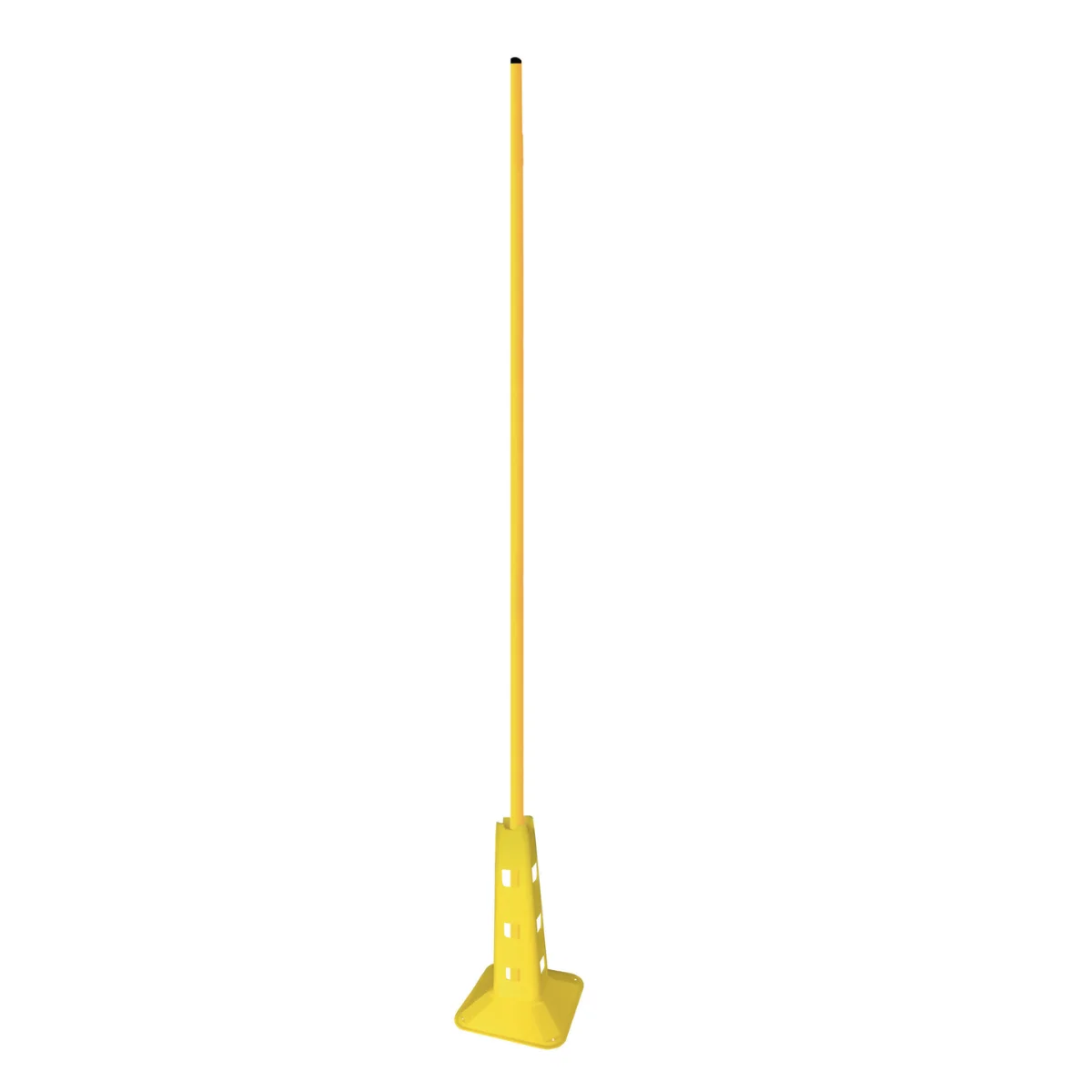 A yellow training pole with a square base, isolated on white.