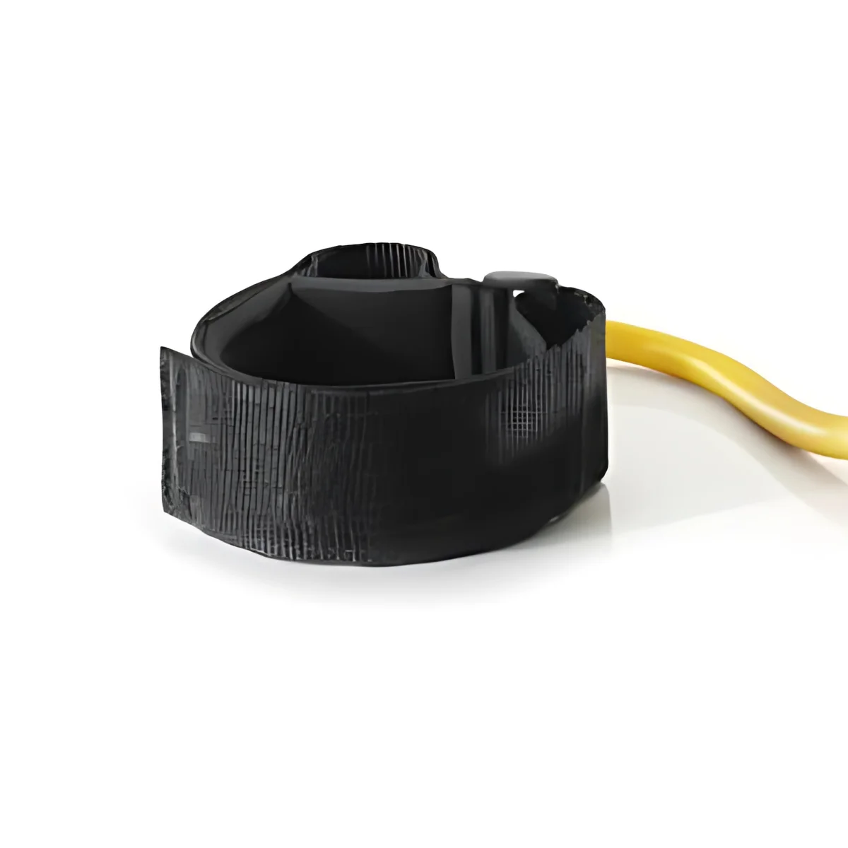 A black fitness ankle strap with a yellow elastic band on a white background.