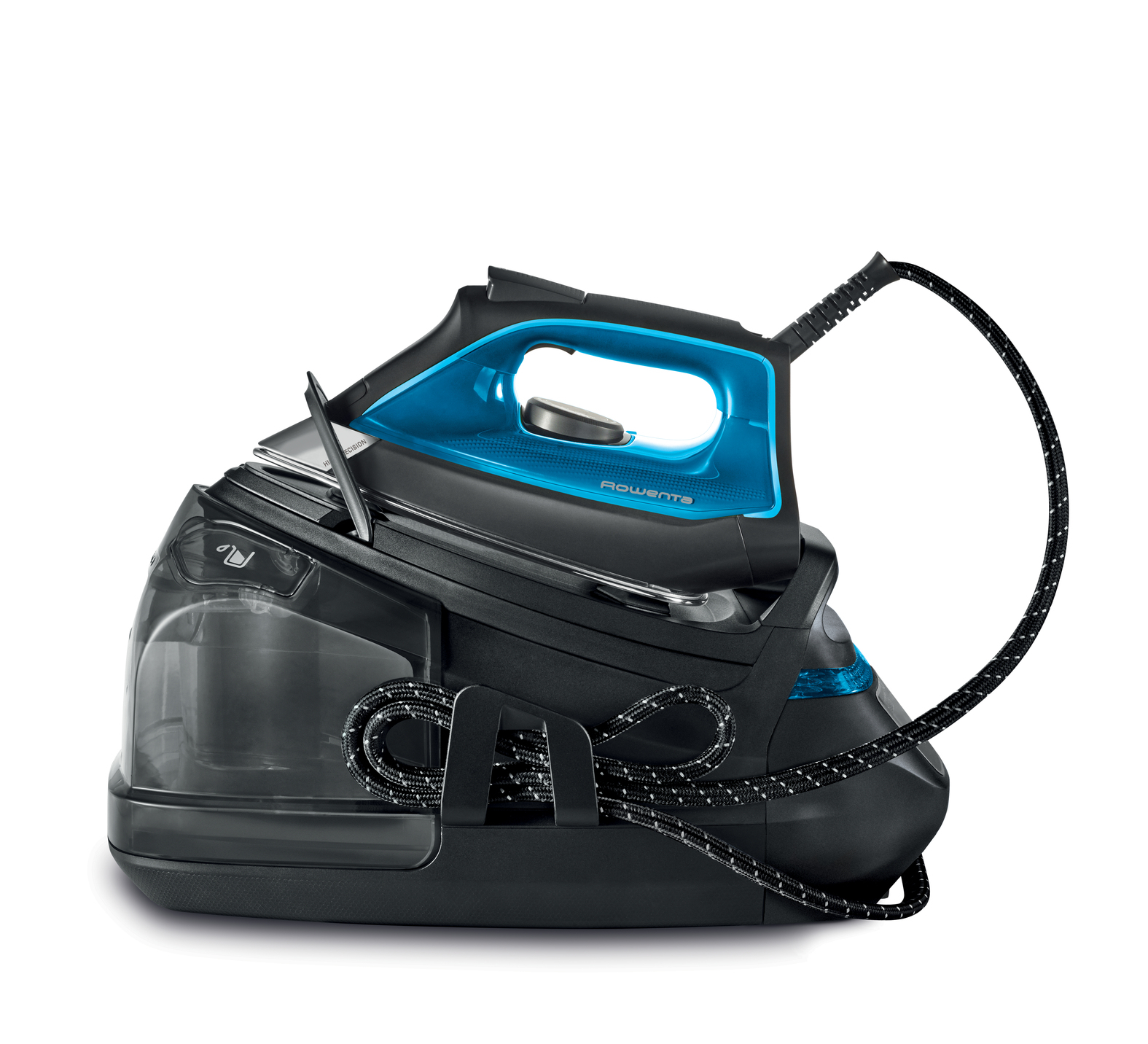 Un ferro da stiro nero e blu con un serbatoio dell'acqua. Il ferro ha un accento blu e un cavo nero.
