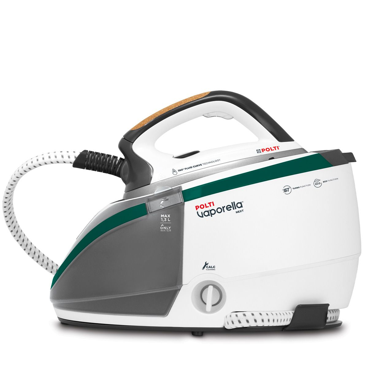 Ein weißes und grünes Bügeleisen mit Wassertank. Es hat ein weißes Kabel und einen Korkgriff.